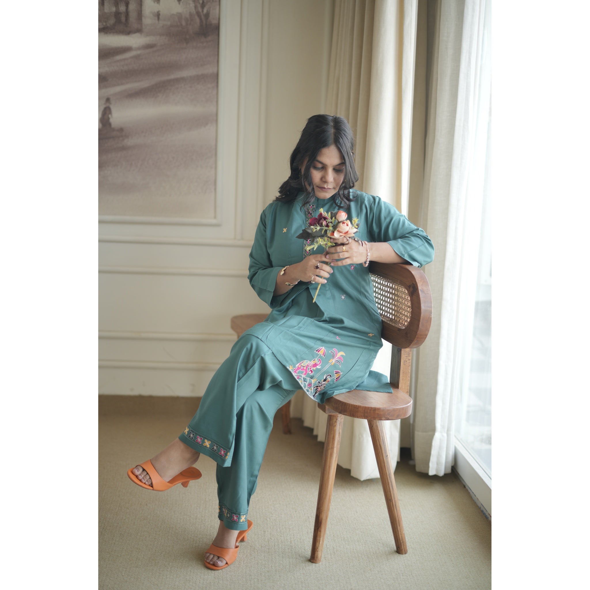 Teal Blue Royal Silk Co-ord Set with Heritage Embroidery