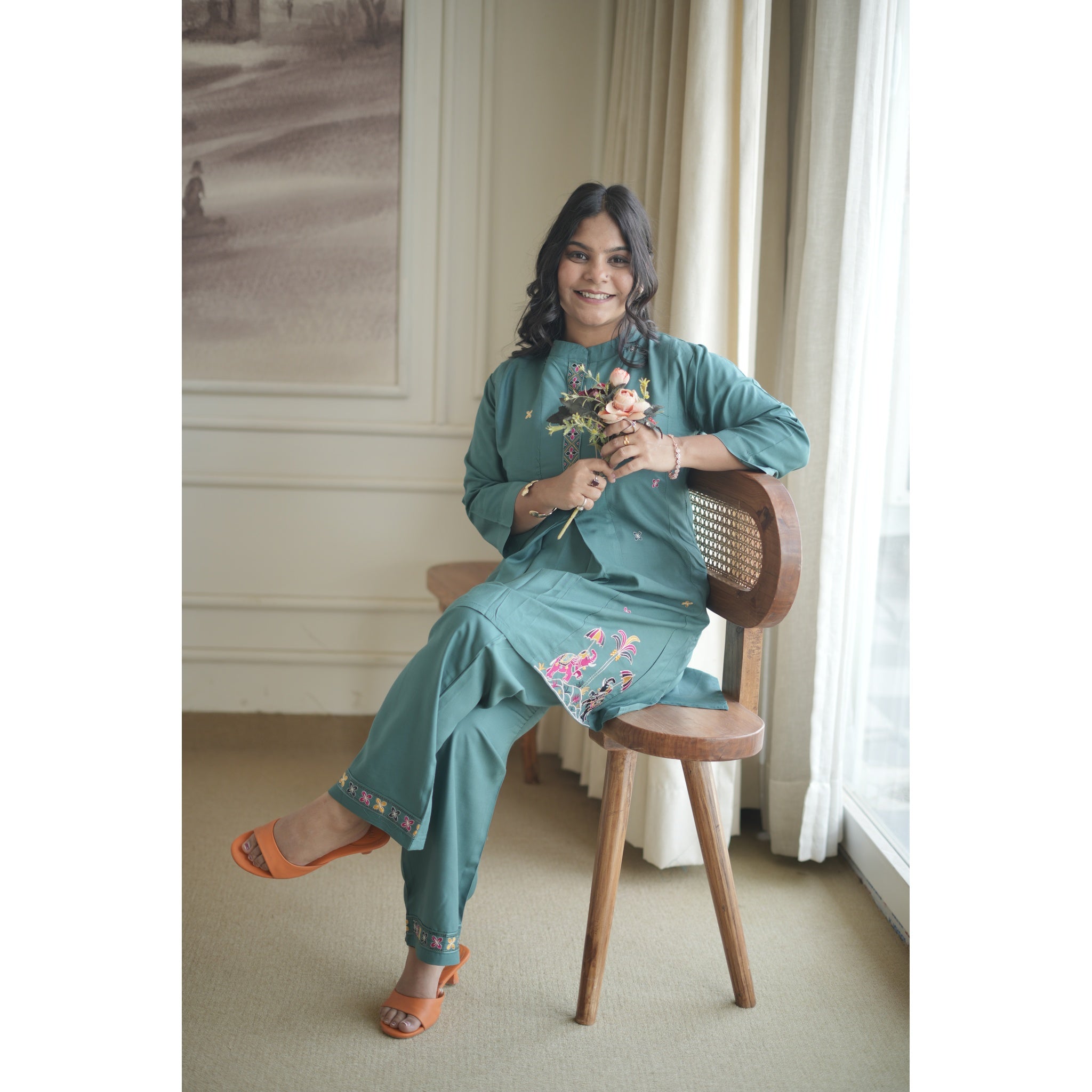 Teal Blue Royal Silk Co-ord Set with Heritage Embroidery