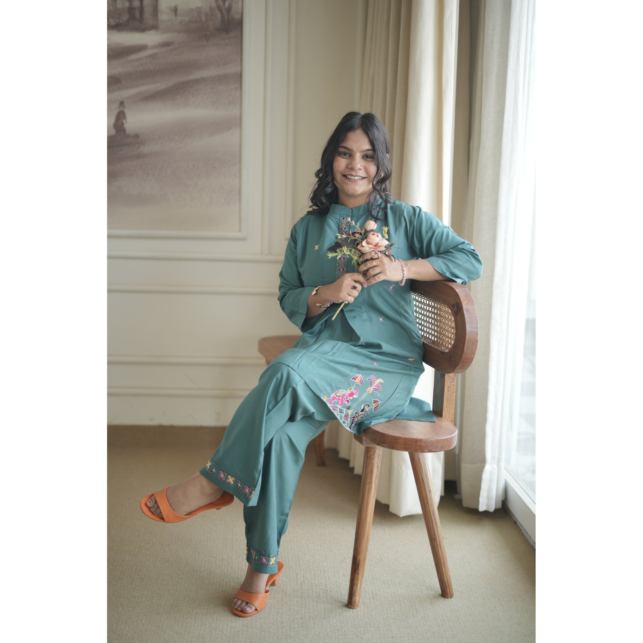 Teal Blue Royal Silk Co-ord Set with Heritage Embroidery