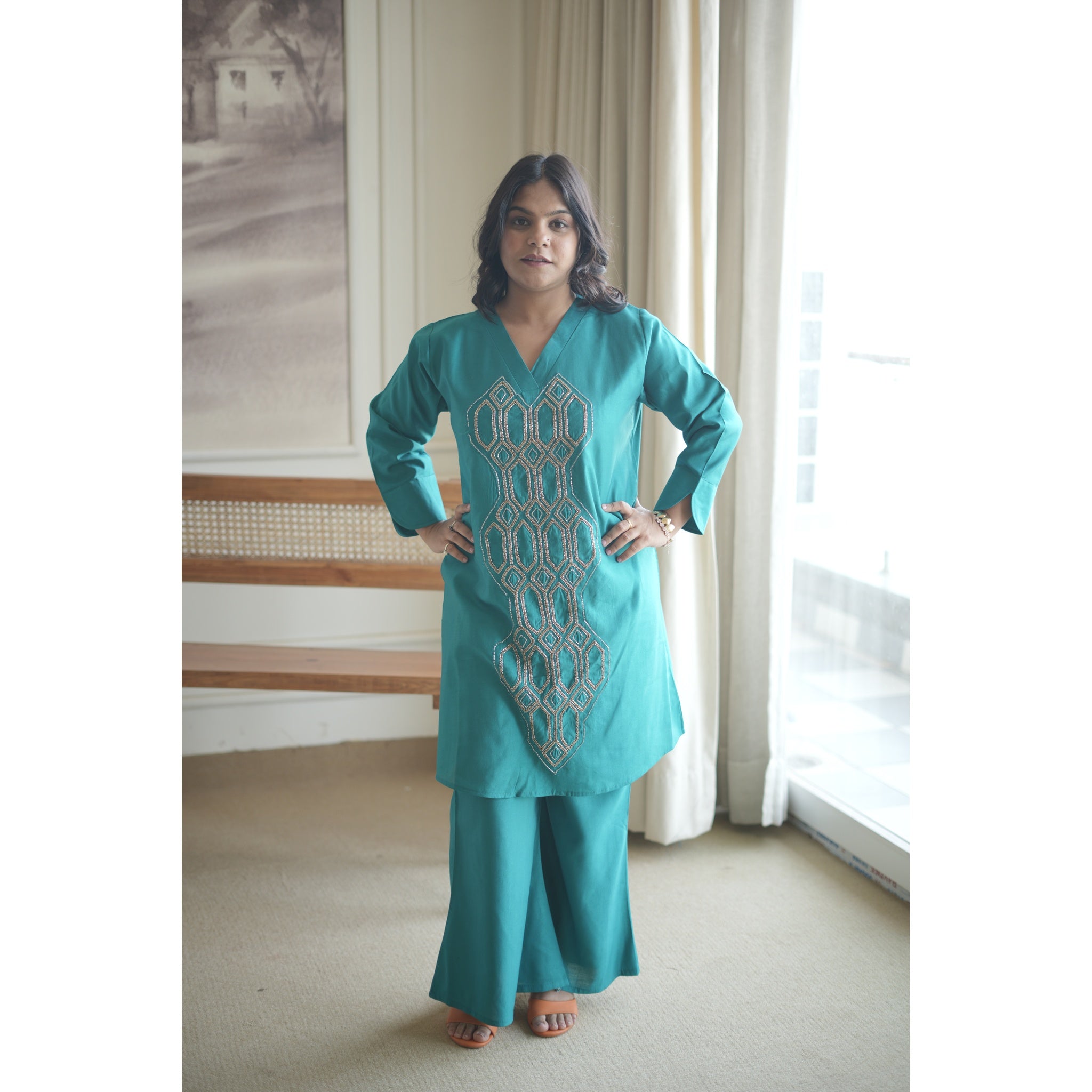 Teal Blue Hand-Embroidered Geometrical Co-ord Set