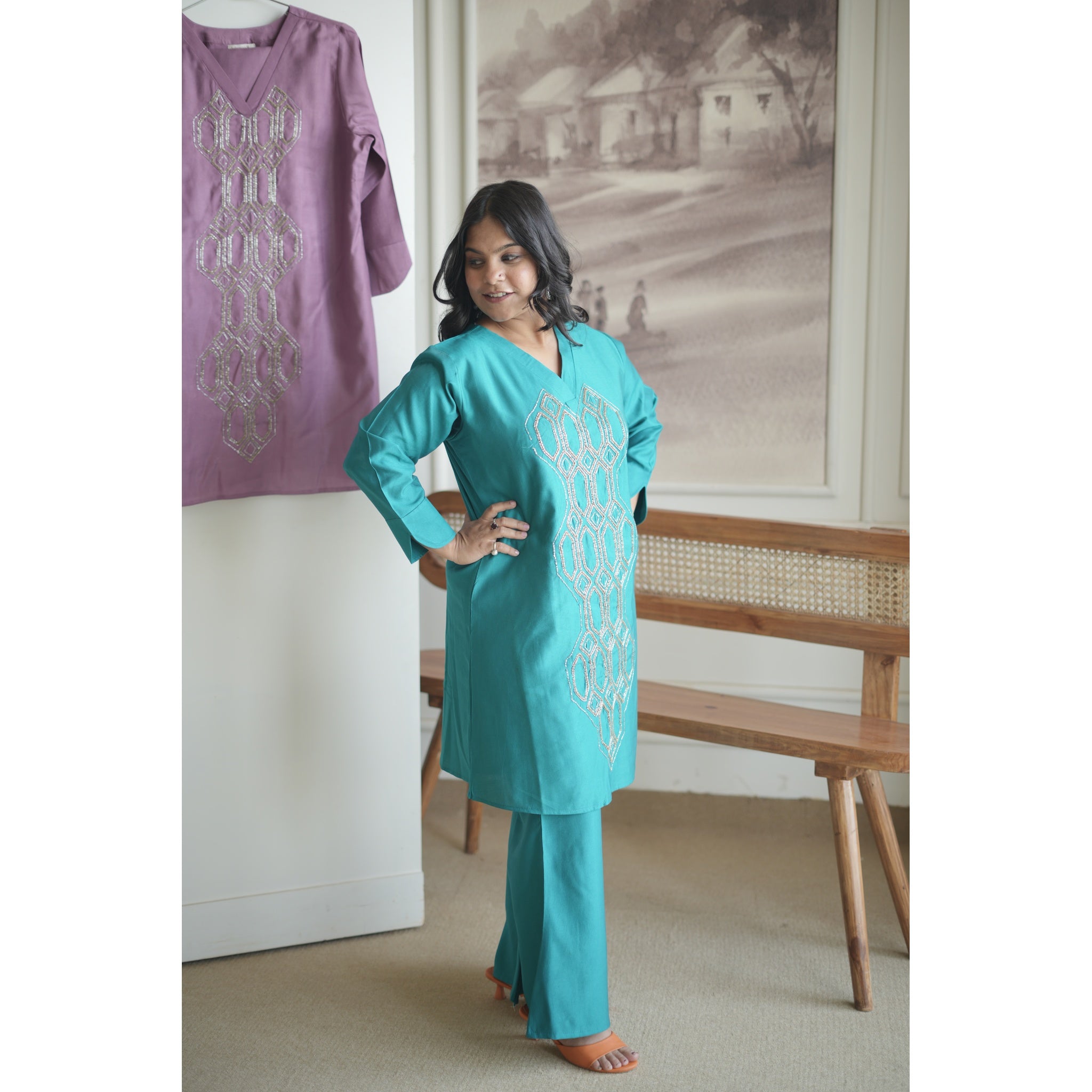 Teal Blue Hand-Embroidered Geometrical Co-ord Set