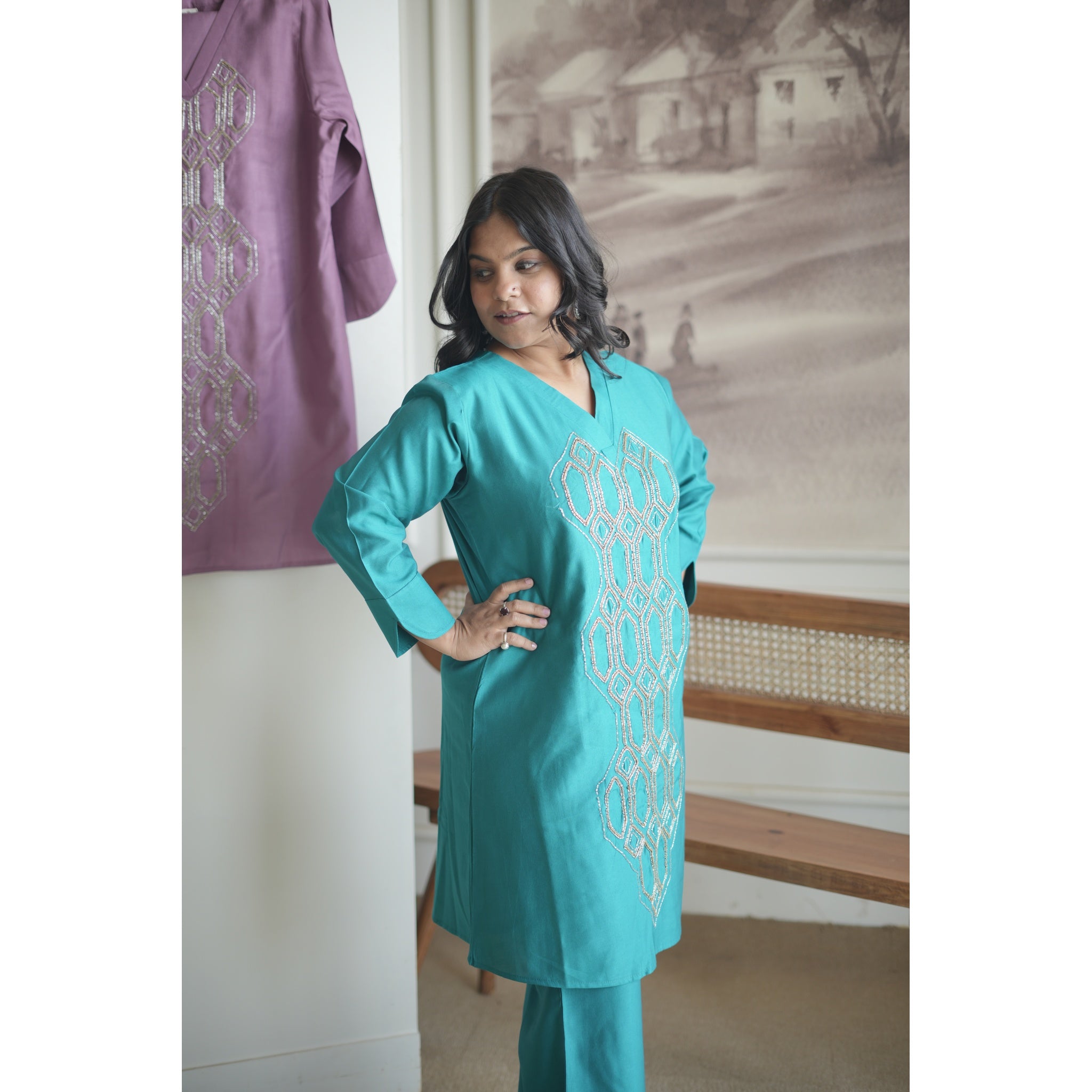 Teal Blue Hand-Embroidered Geometrical Co-ord Set