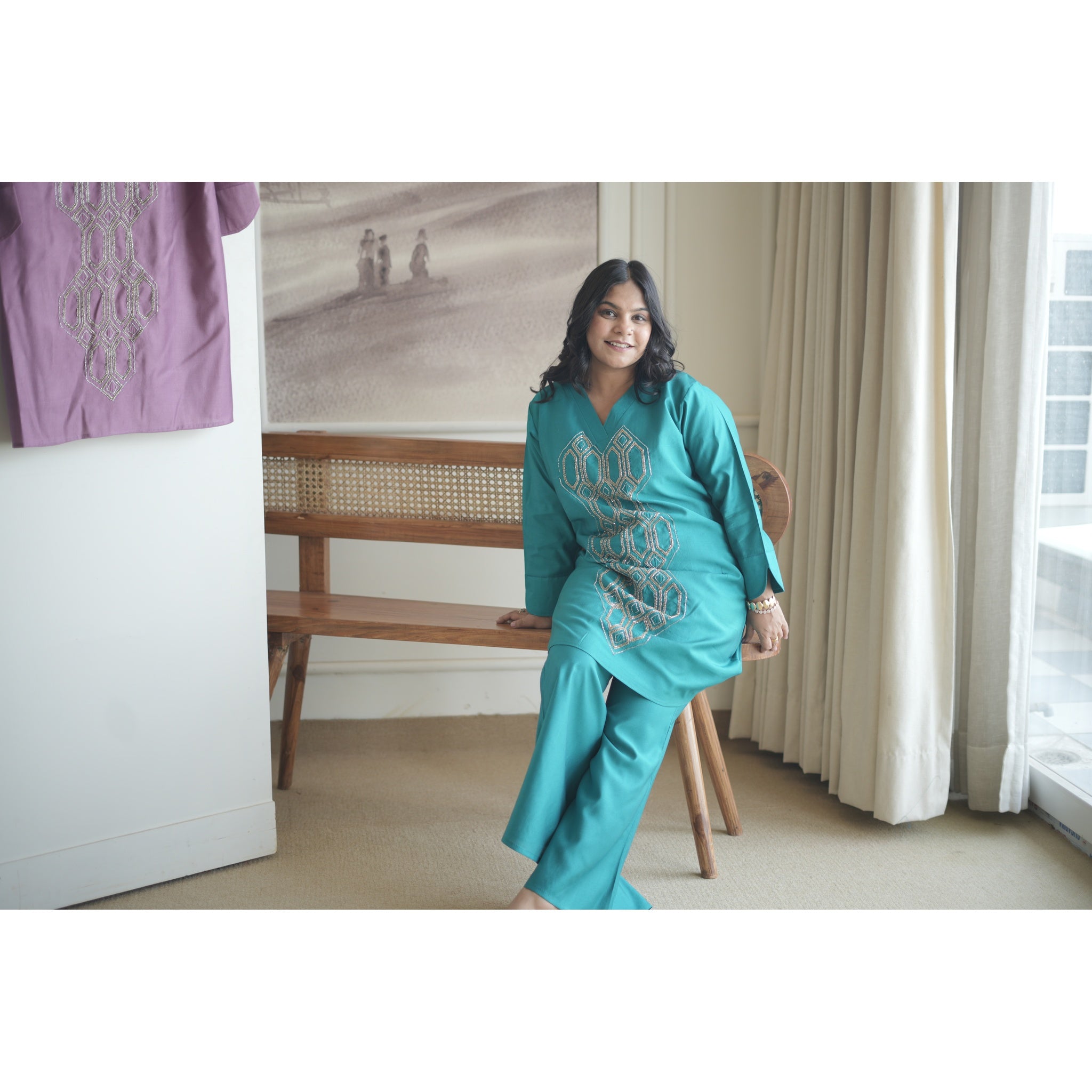 Teal Blue Hand-Embroidered Geometrical Co-ord Set