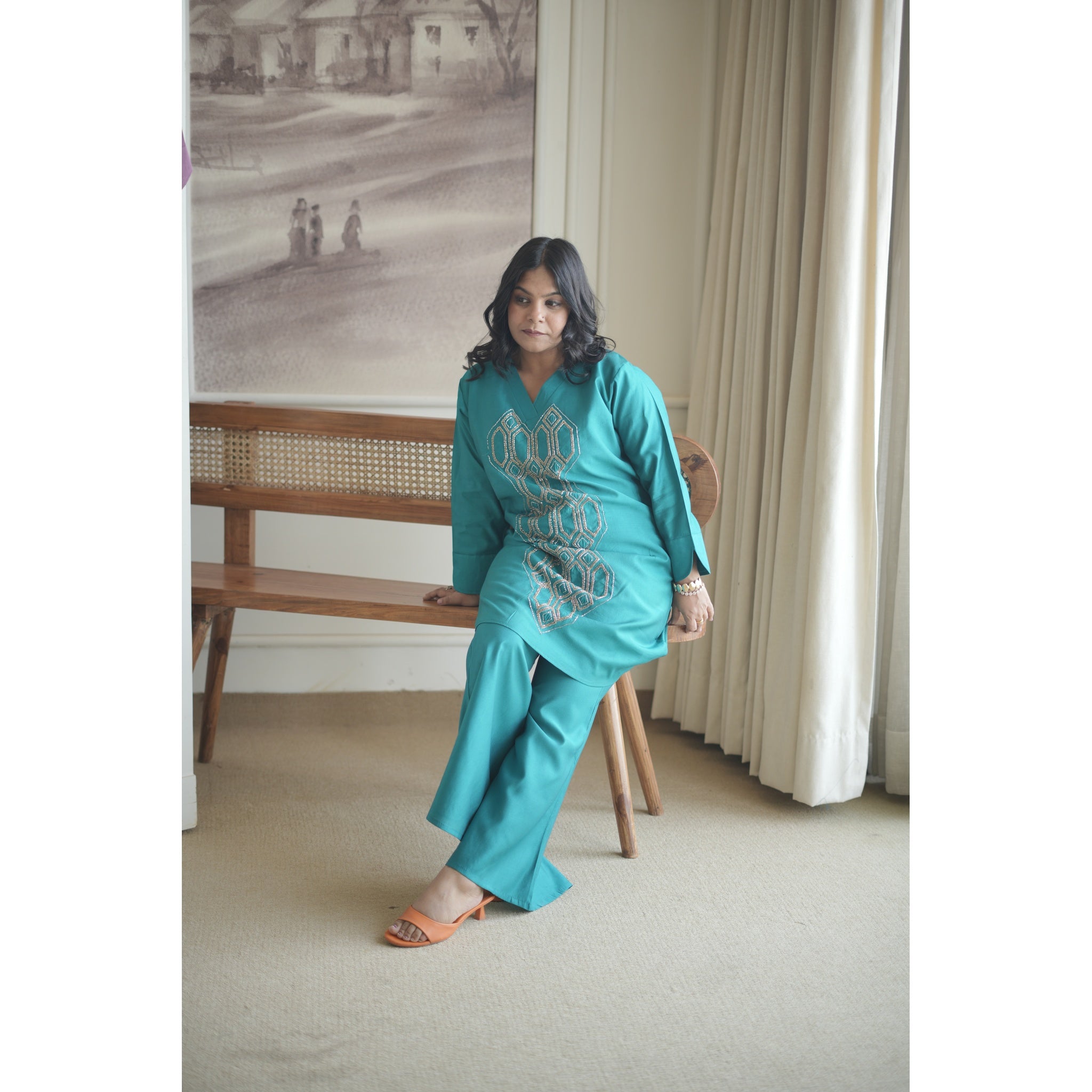 Teal Blue Hand-Embroidered Geometrical Co-ord Set