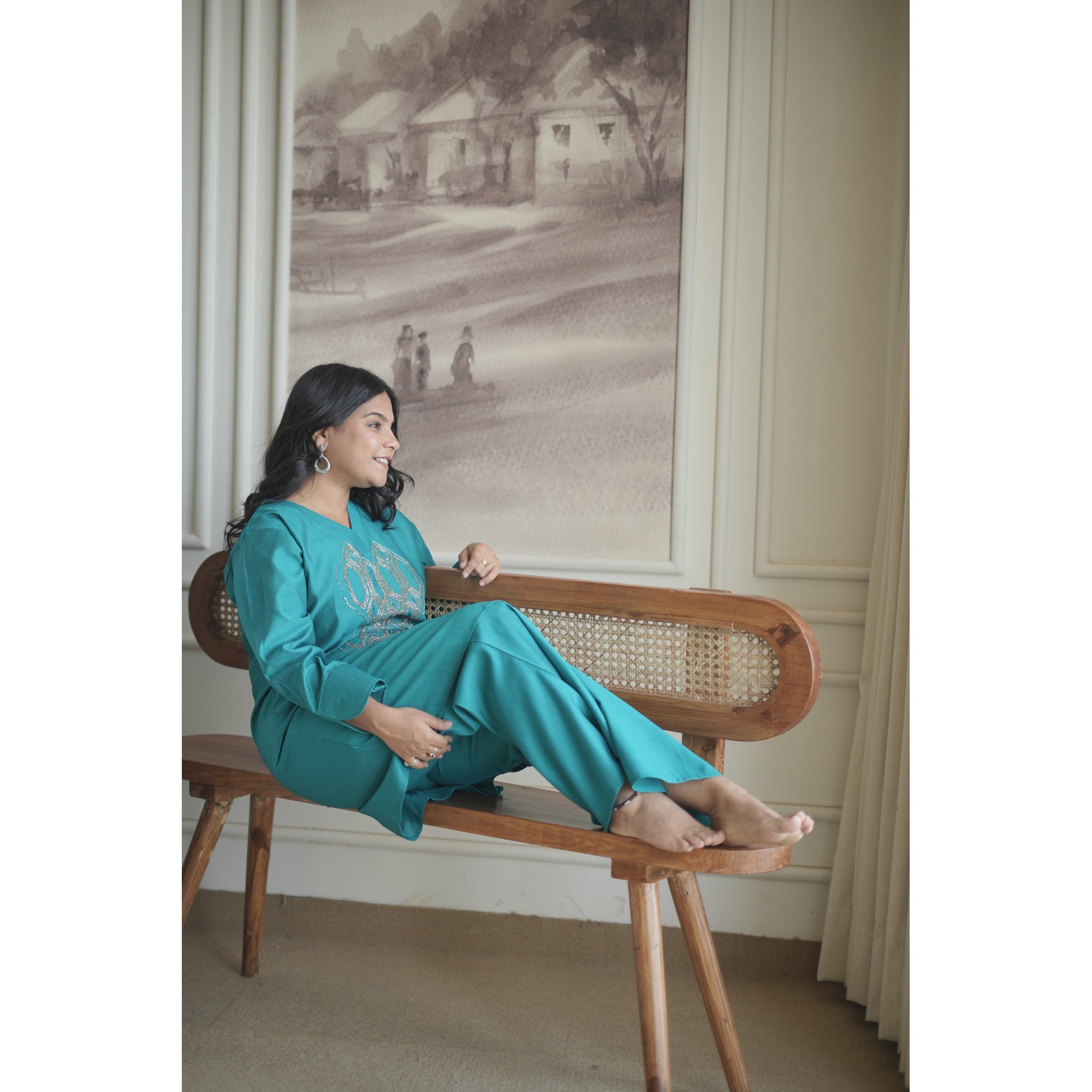 Teal Blue Hand-Embroidered Geometrical Co-ord Set