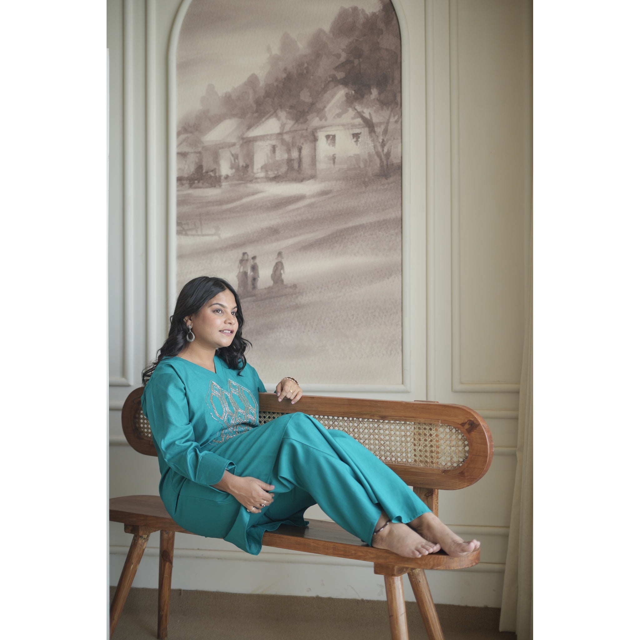Teal Blue Hand-Embroidered Geometrical Co-ord Set