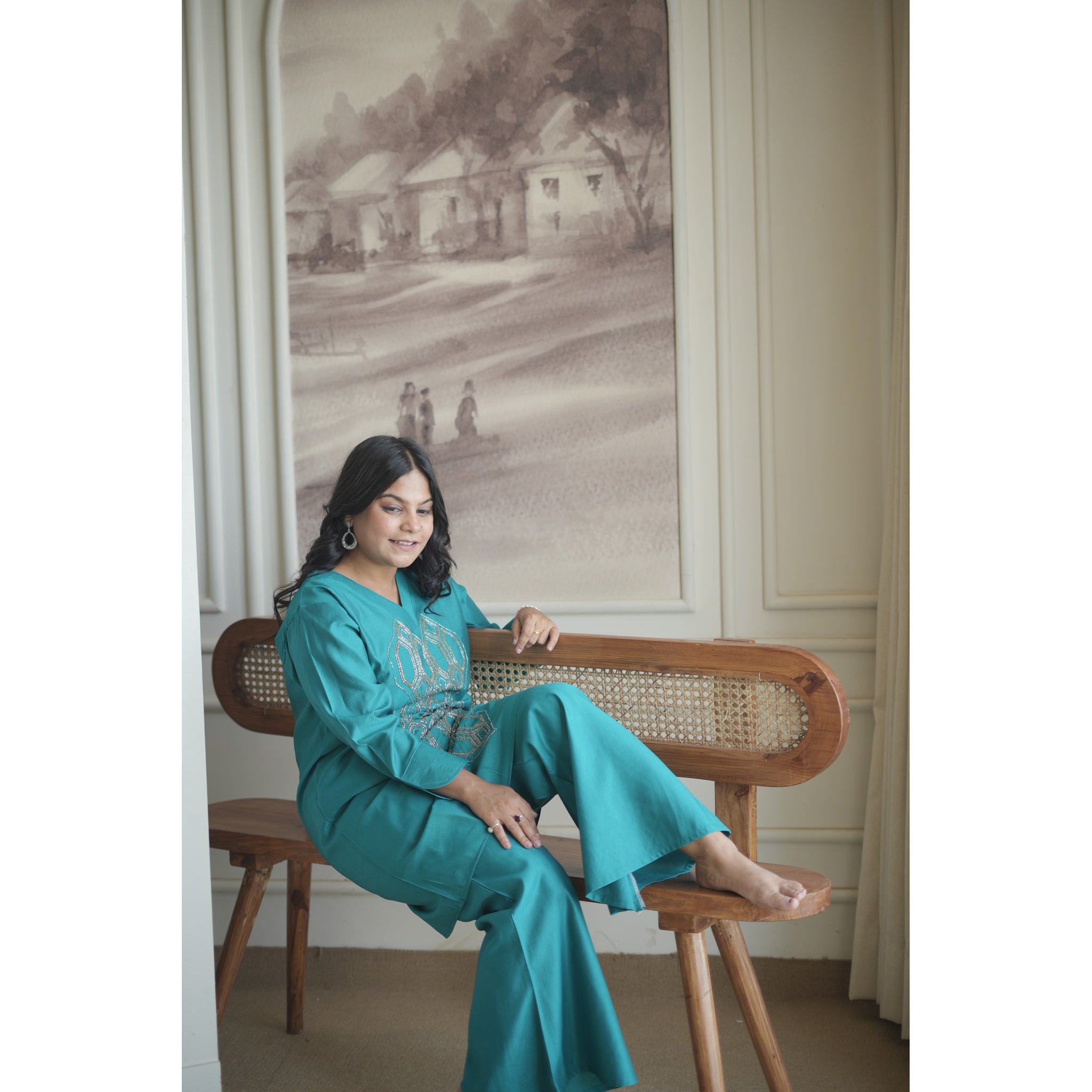 Teal Blue Hand-Embroidered Geometrical Co-ord Set