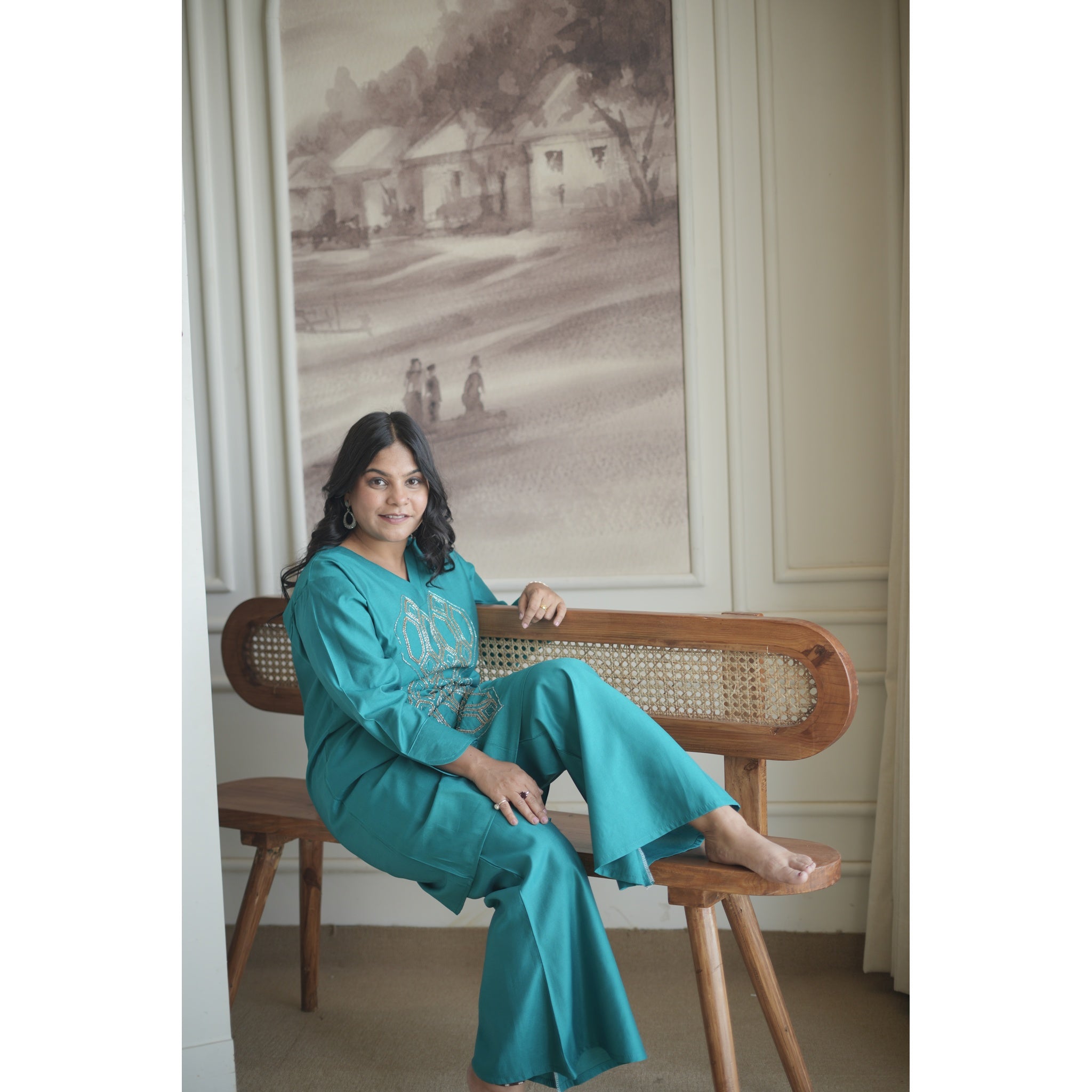 Teal Blue Hand-Embroidered Geometrical Co-ord Set