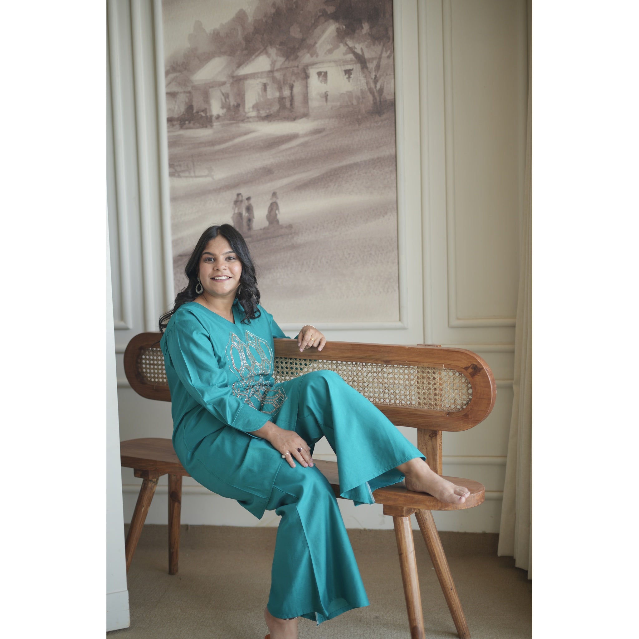 Teal Blue Hand-Embroidered Geometrical Co-ord Set
