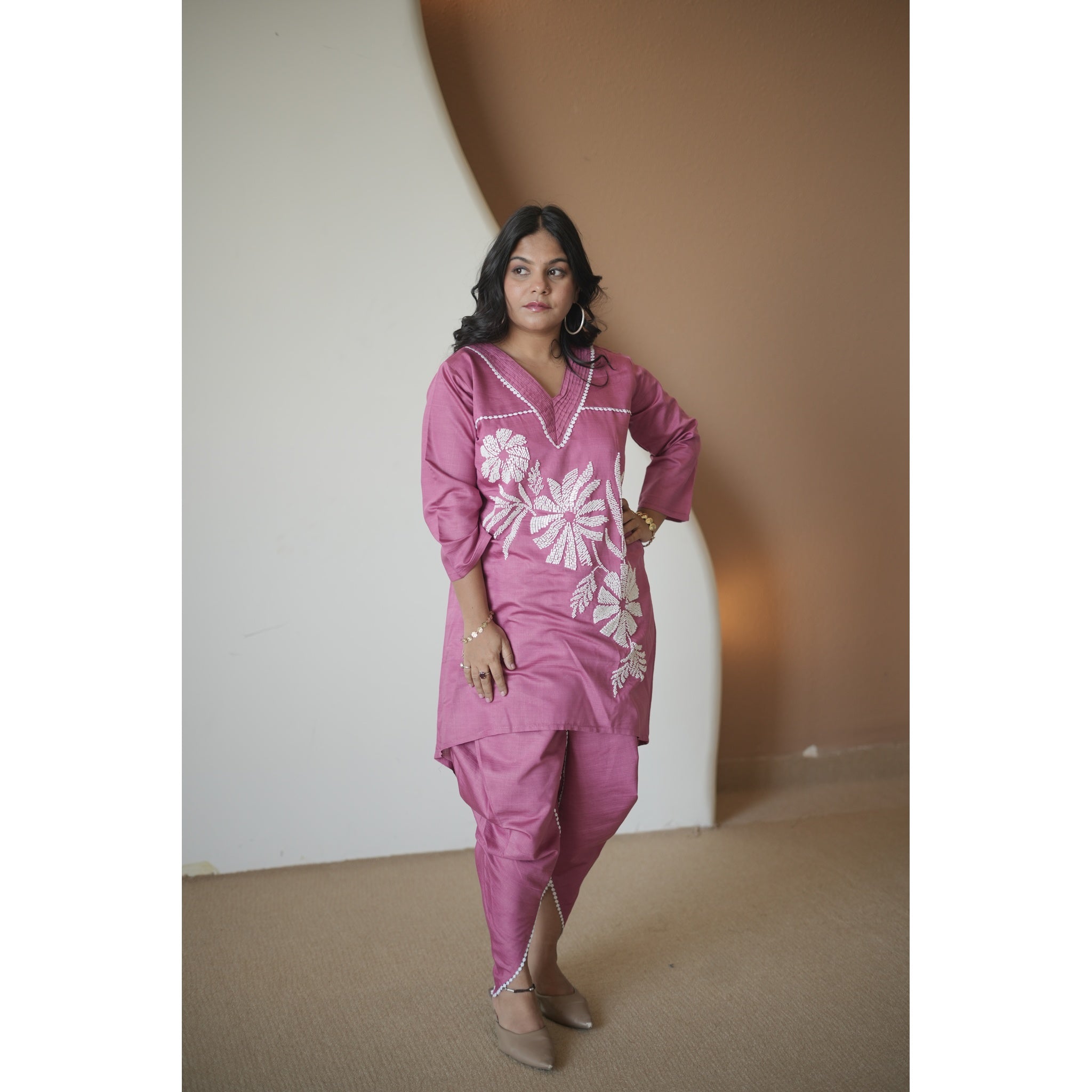 Mauve Pink Floral Embroidered Cord-Set