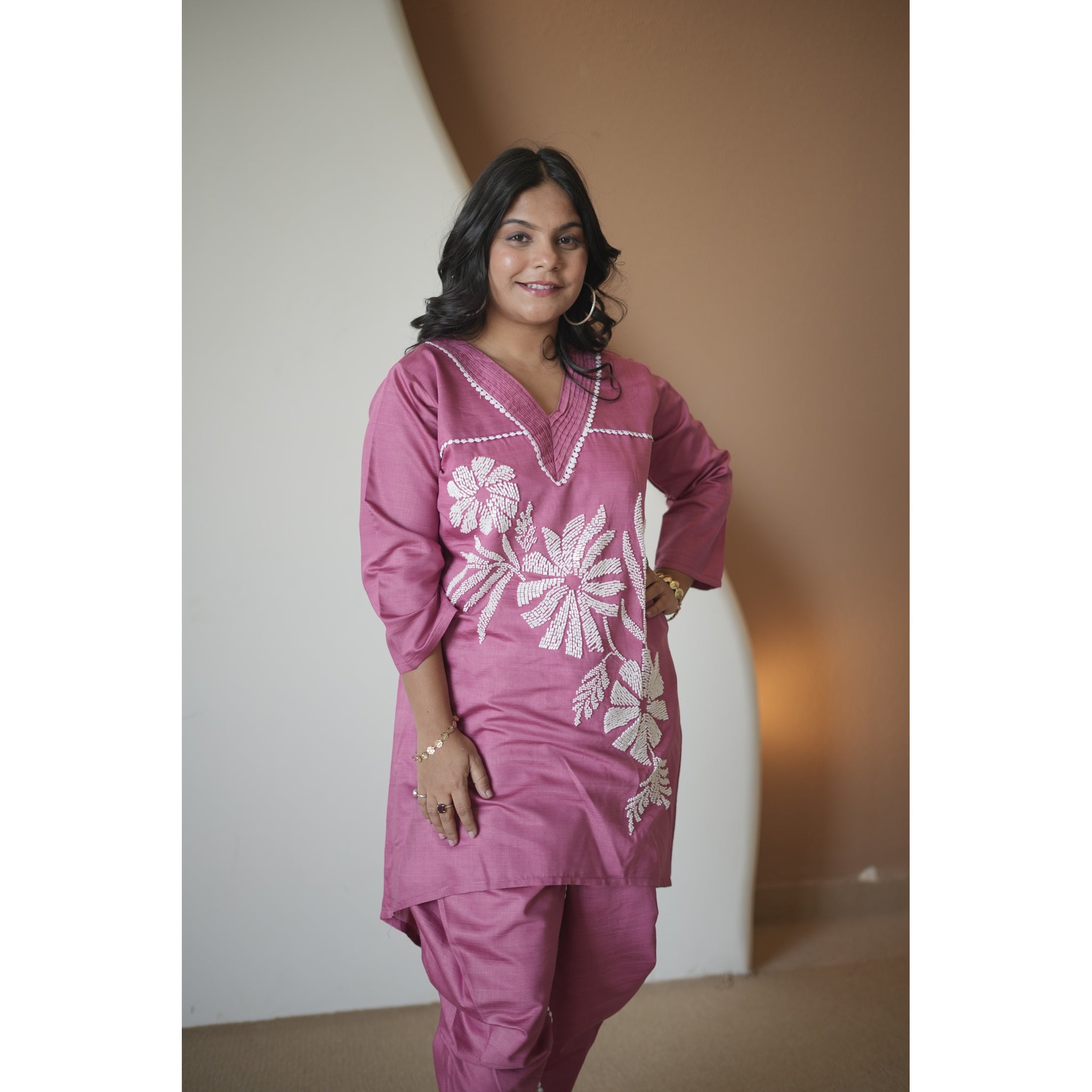 Mauve Pink Floral Embroidered Cord-Set