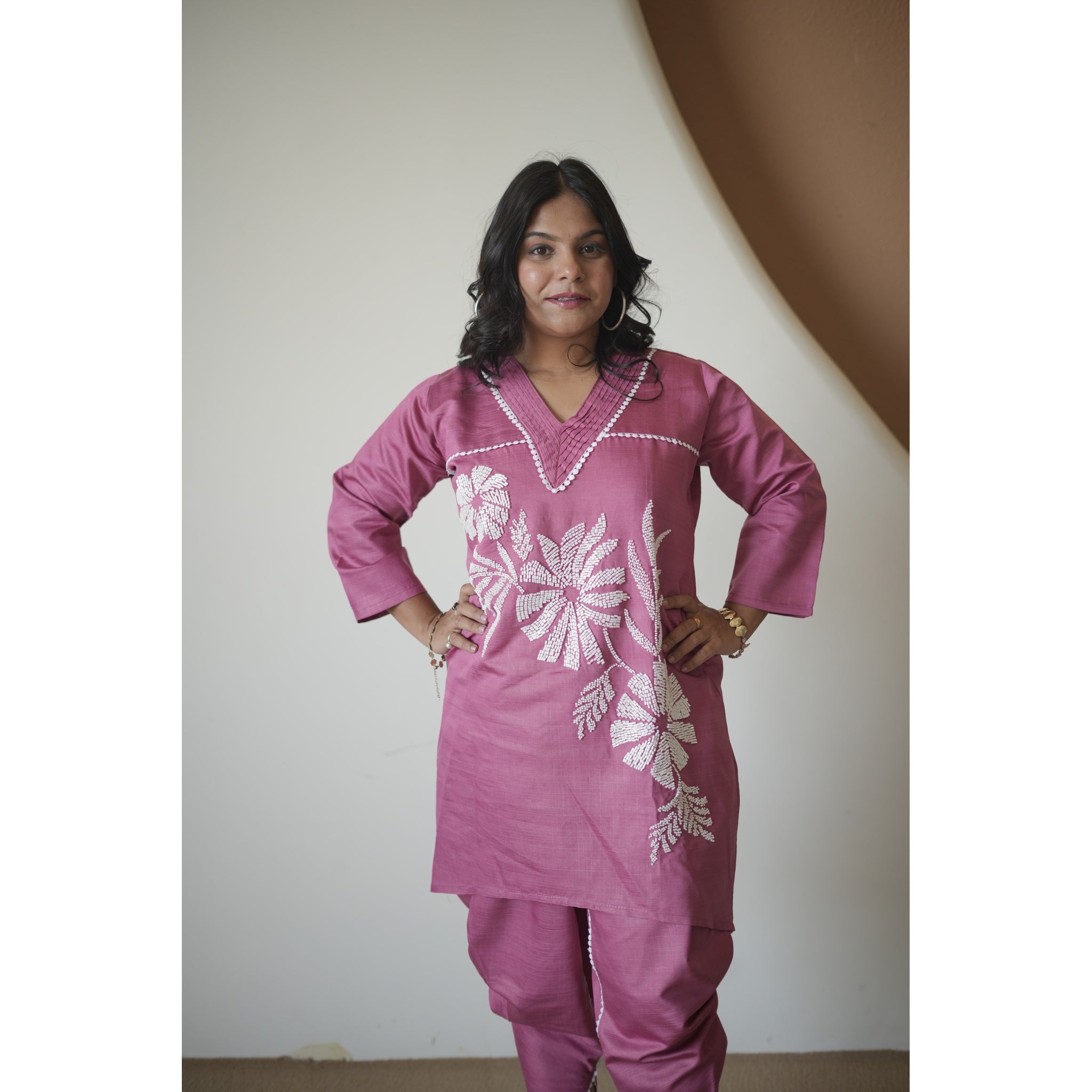 Mauve Pink Floral Embroidered Cord-Set
