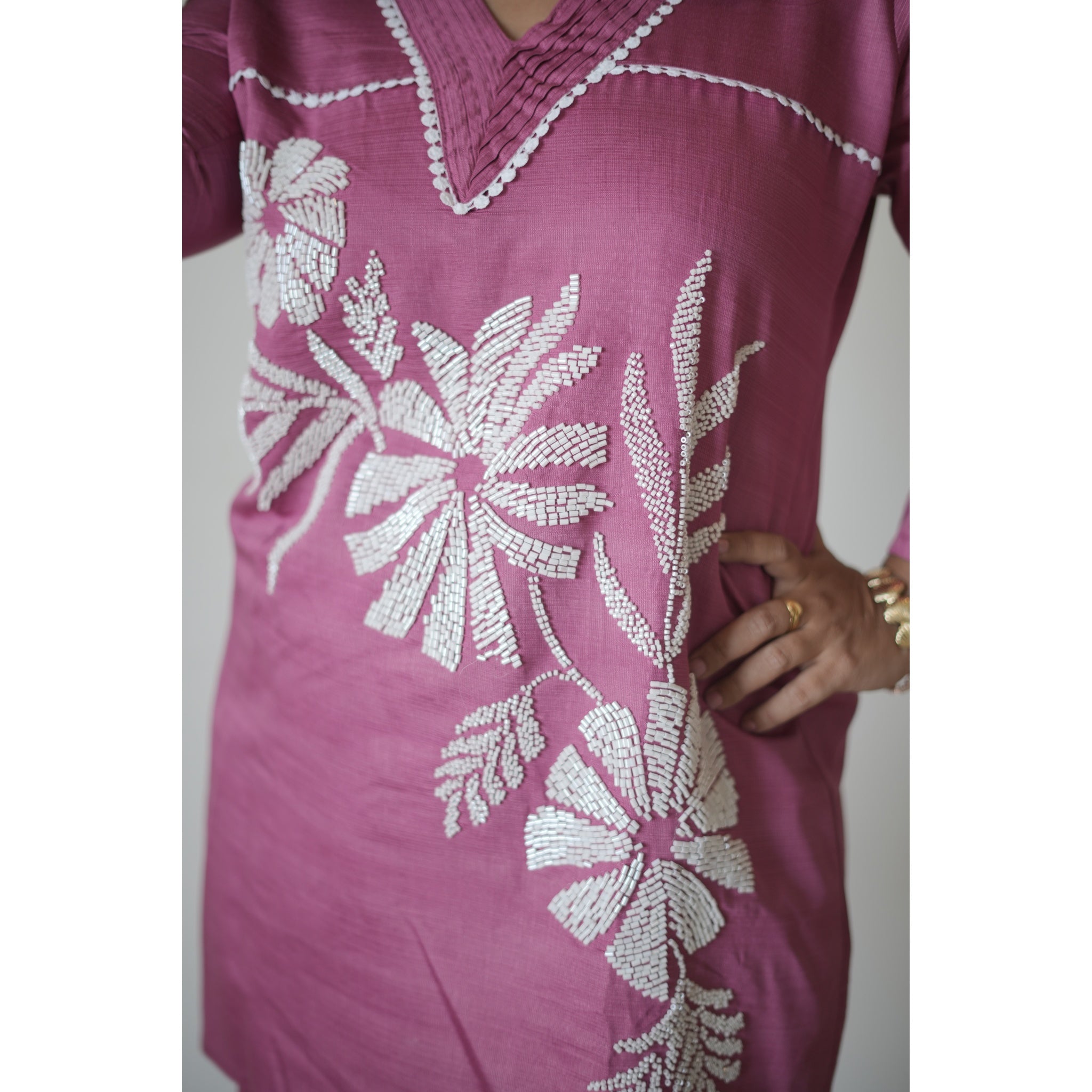 Mauve Pink Floral Embroidered Cord-Set