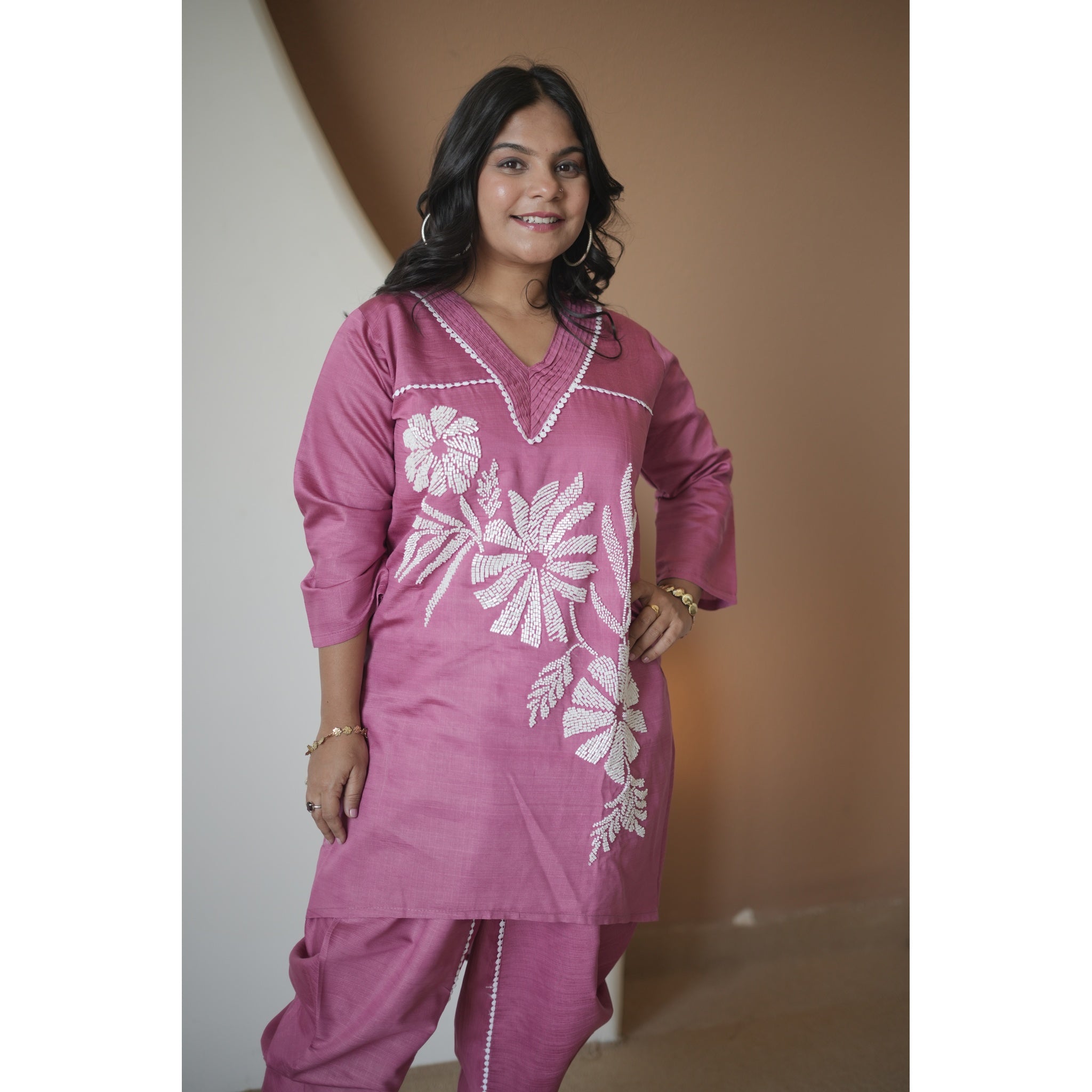 Mauve Pink Floral Embroidered Cord-Set