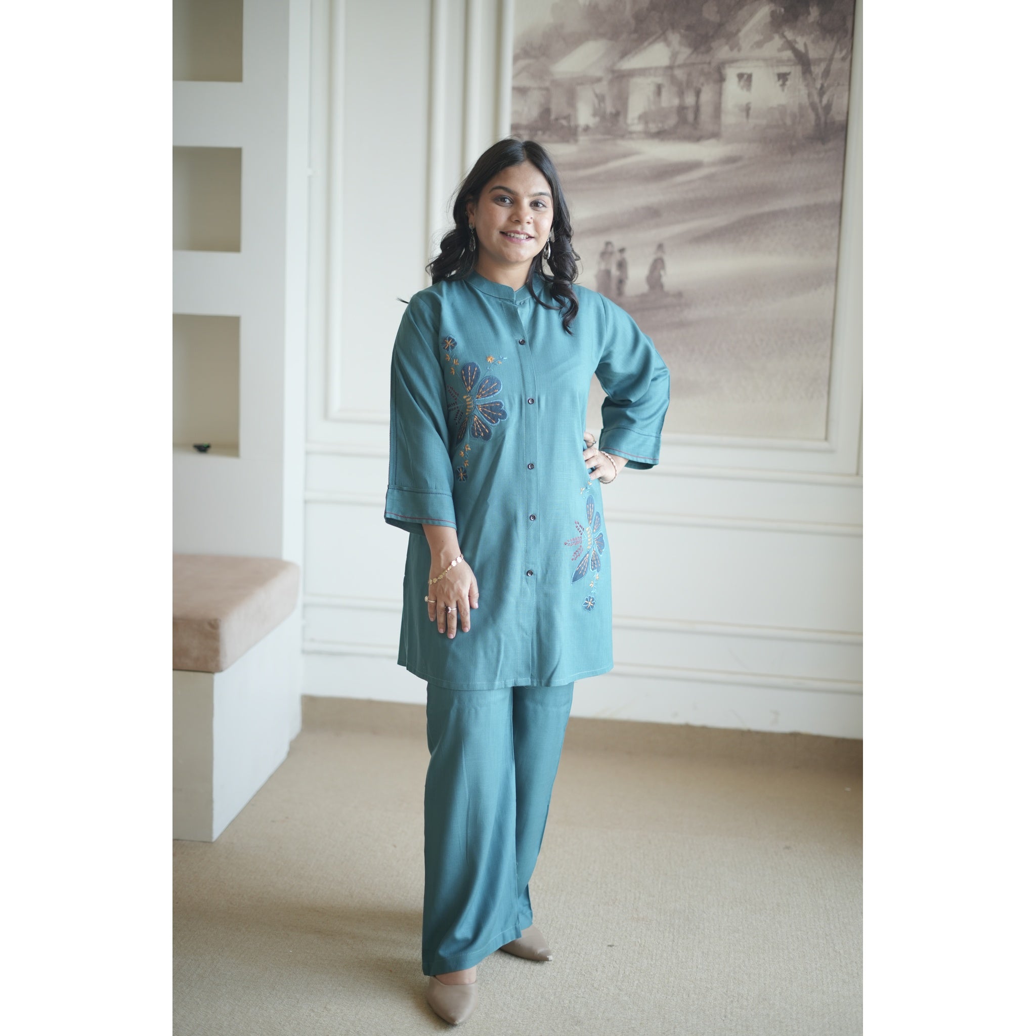 Prussian Blue Button-Down Embroidered Co-ord Set