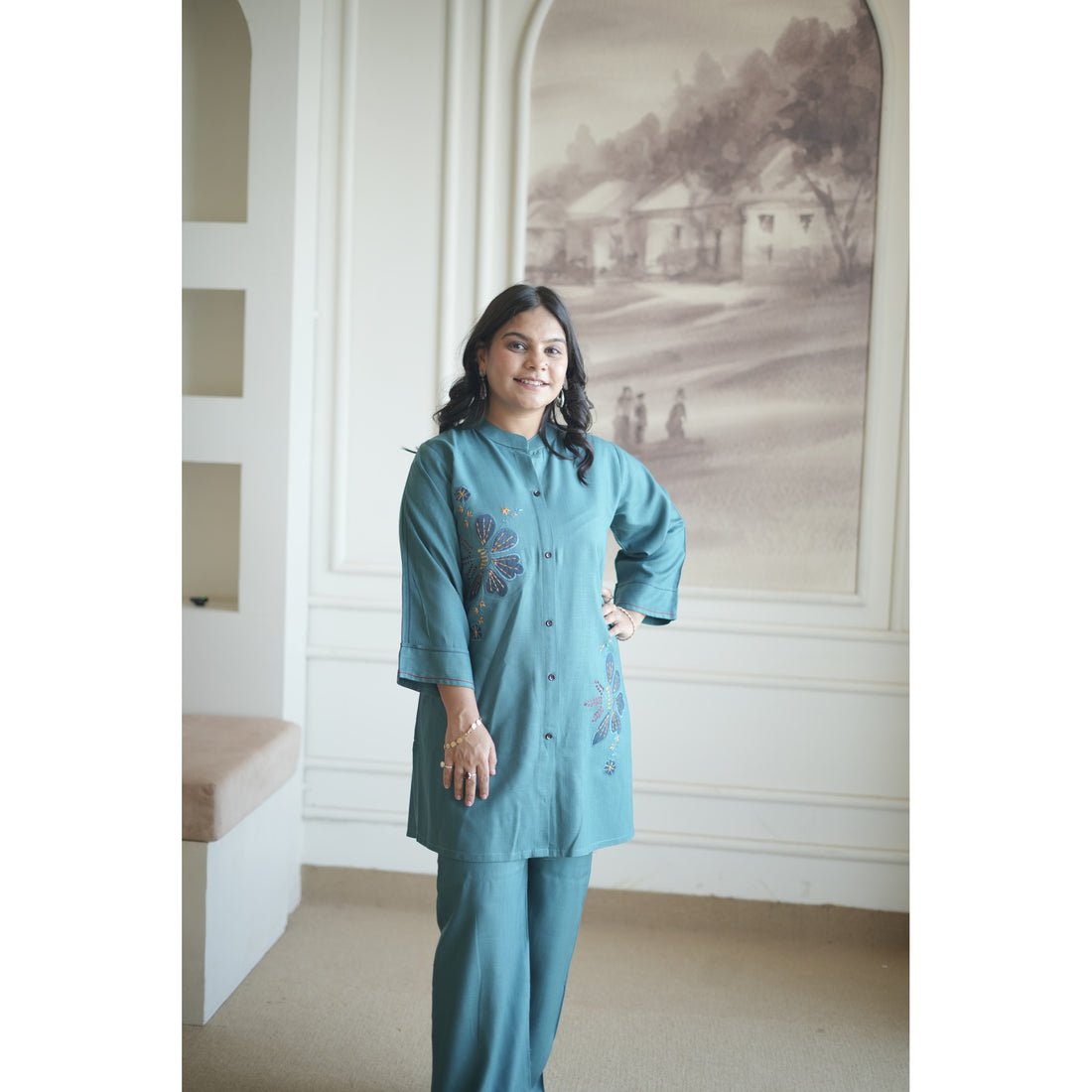Prussian Blue Button-Down Embroidered Co-ord Set