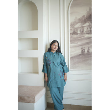 Prussian Blue Button-Down Embroidered Co-ord Set
