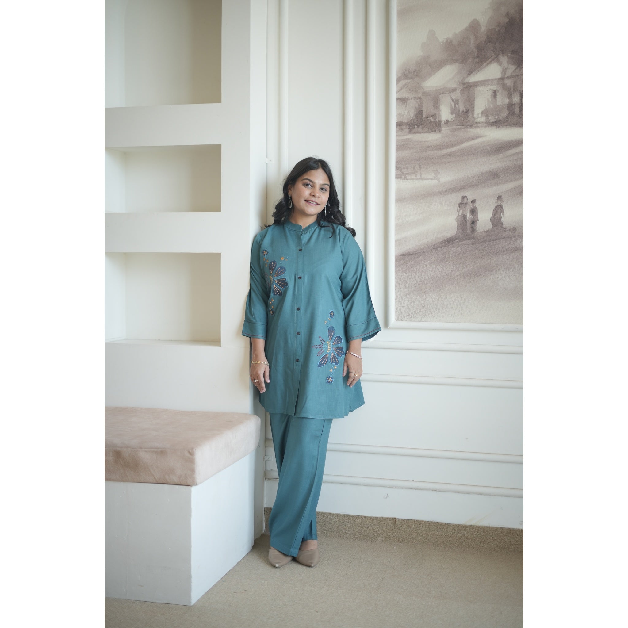 Prussian Blue Button-Down Embroidered Co-ord Set