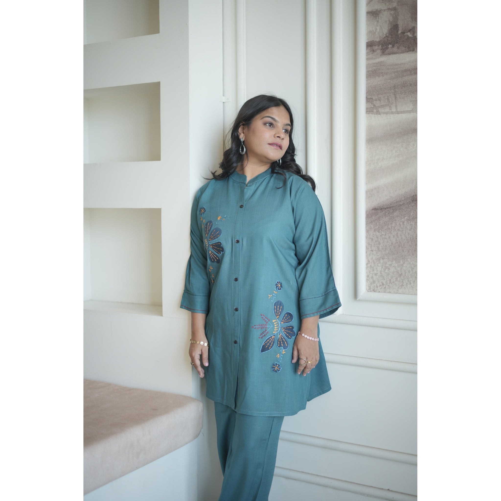 Prussian Blue Button-Down Embroidered Co-ord Set