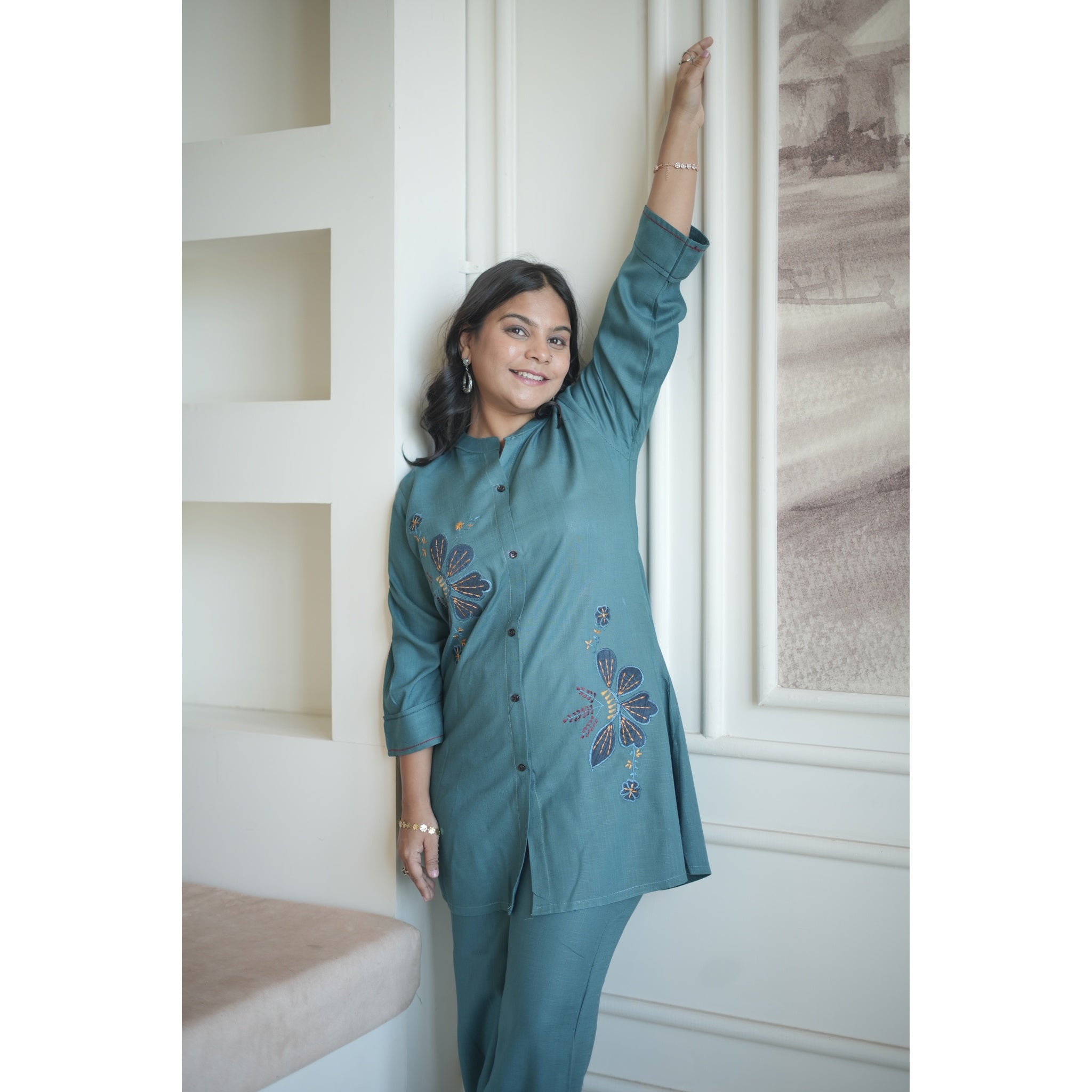 Prussian Blue Button-Down Embroidered Co-ord Set