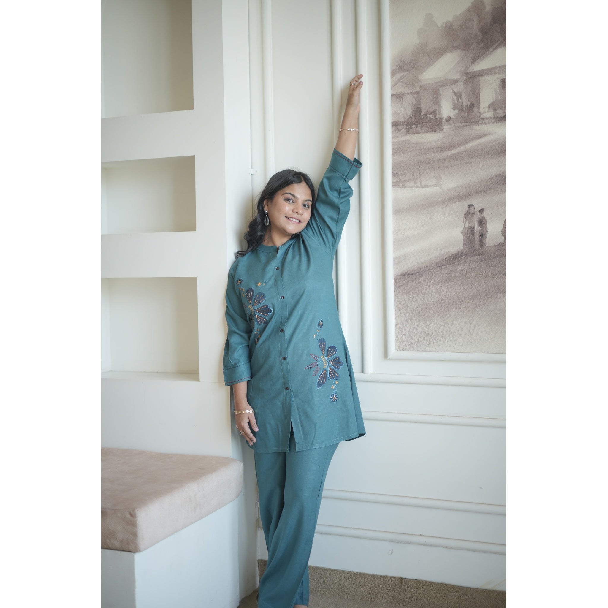 Prussian Blue Button-Down Embroidered Co-ord Set