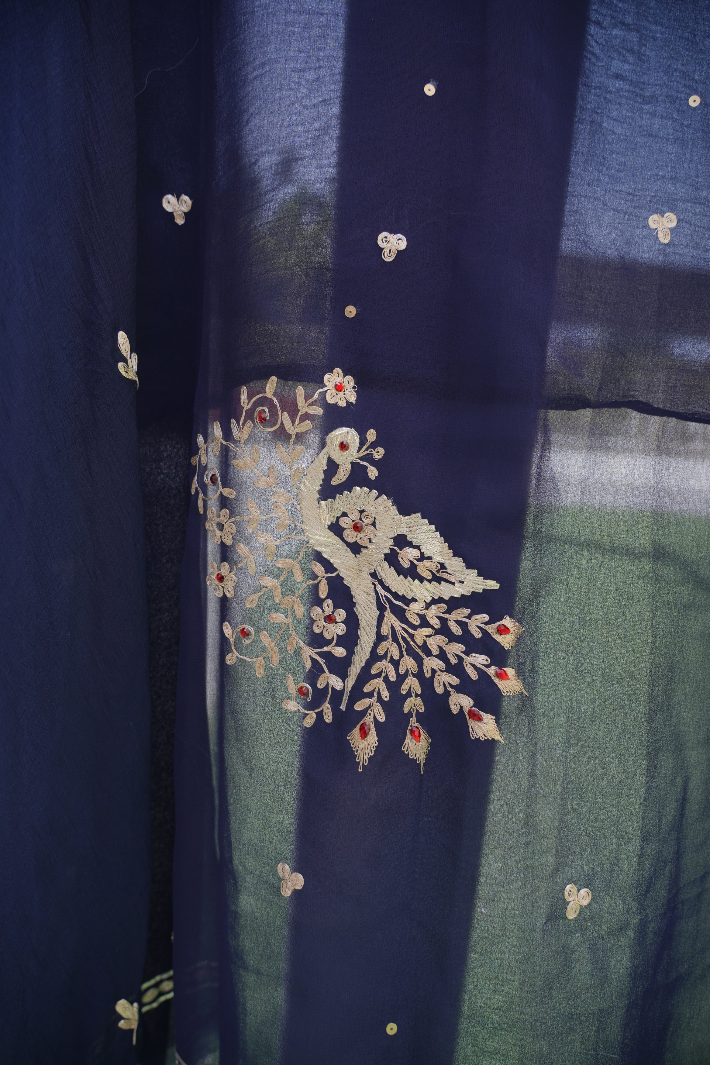 Mehar dark blue peacock peeta handmade design with chiffon dupatta