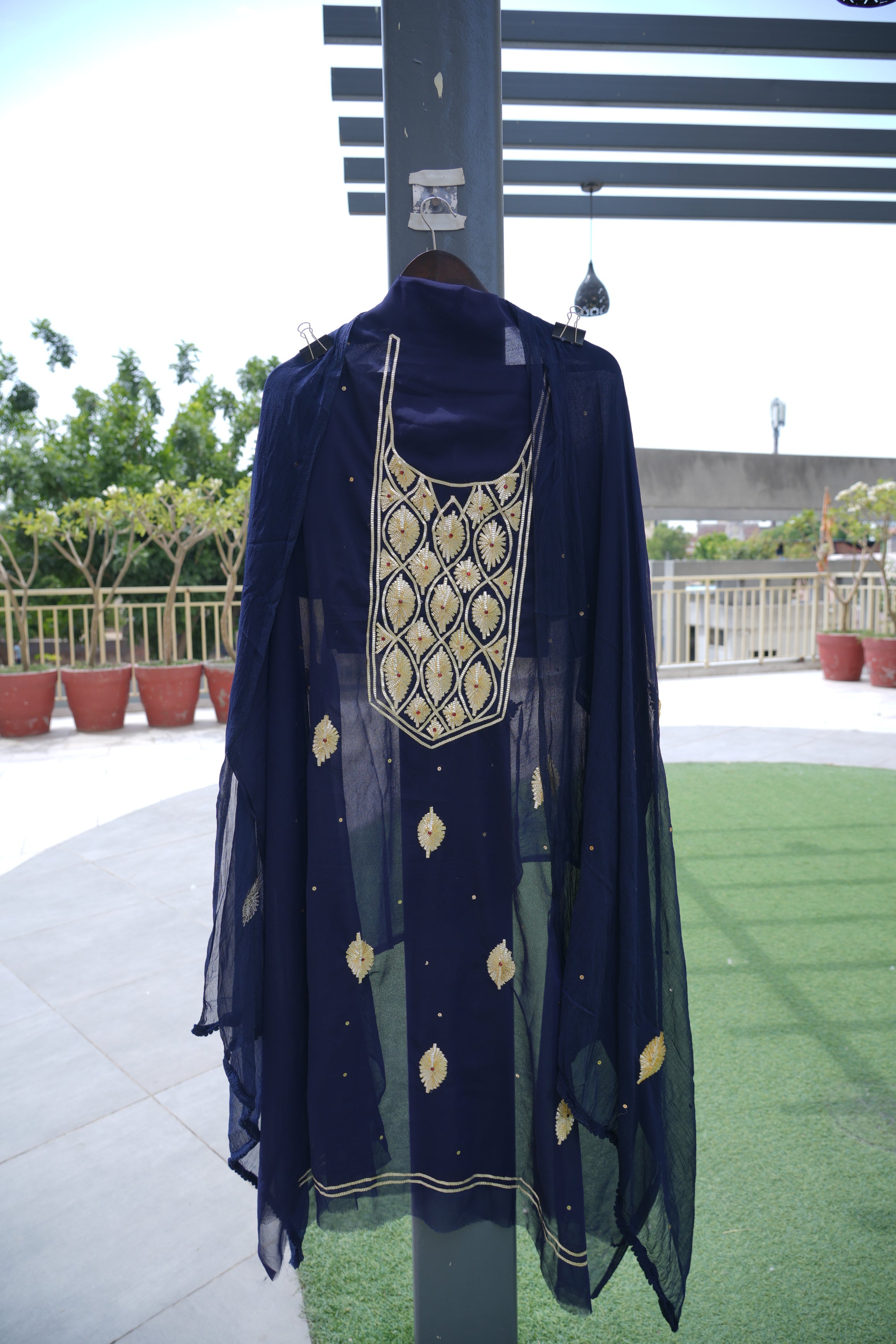 Drak Blue golden gotta handwork suit unstitched