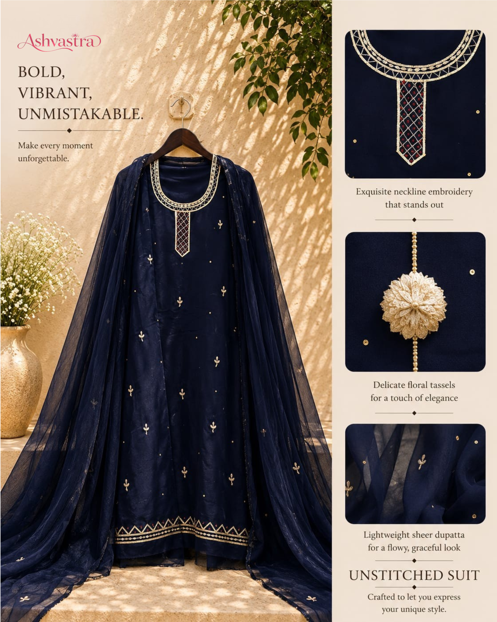 Mehar Dark Blue Pitta & Gota Patti Handwork Unstitched Suit Set
