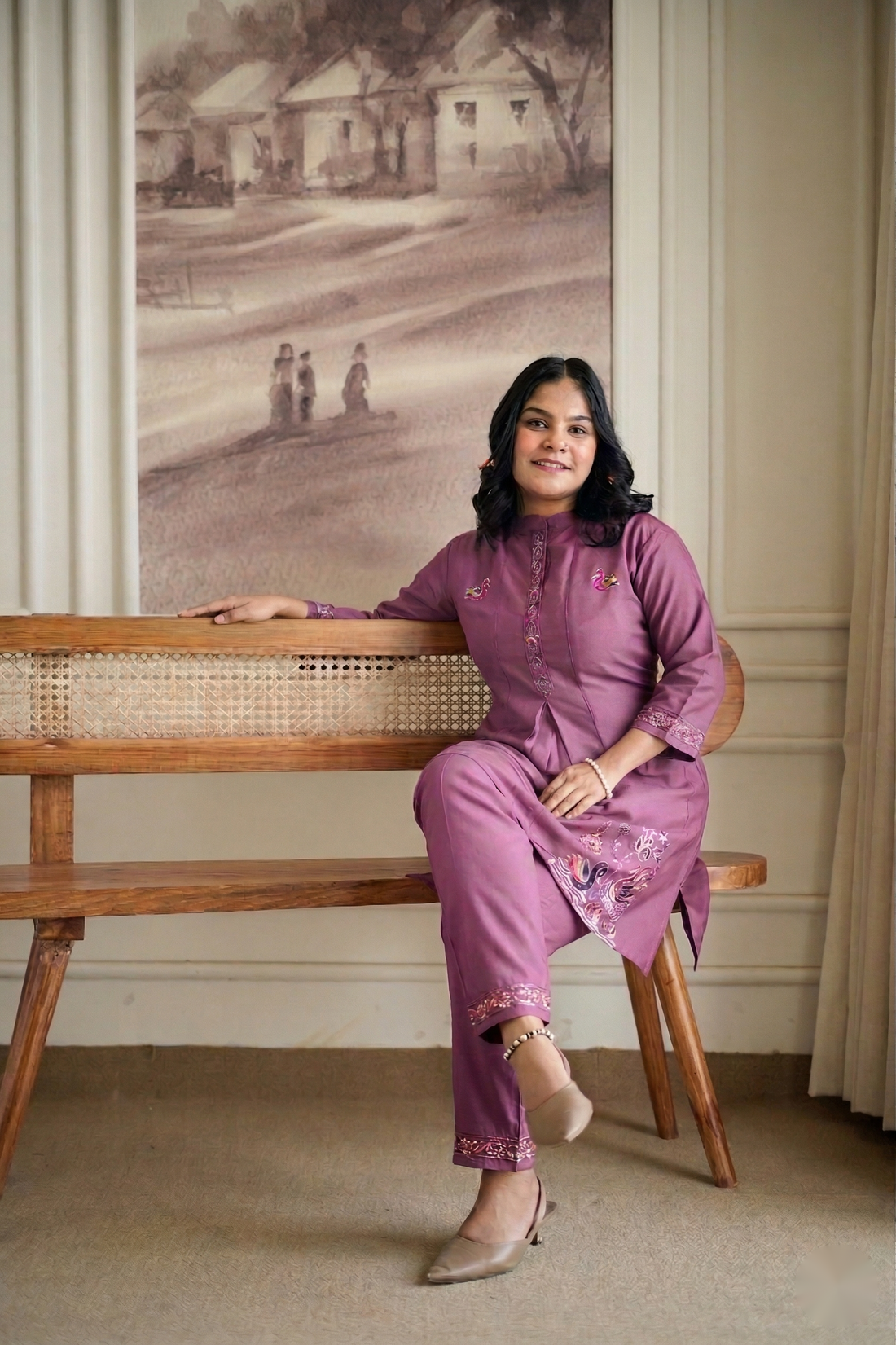 Mauve Straight Kurta with Intricate Swan & Floral Embroidery Paired with Matching Pants