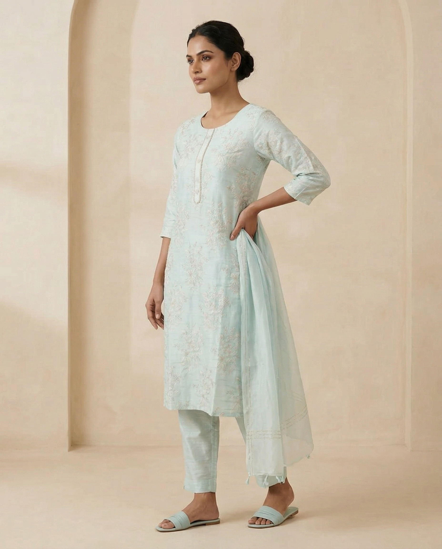 Light Aqua Blue Jacquard Kurti, Pant & Dupatta Set – Premium Ethnic Wear for Women