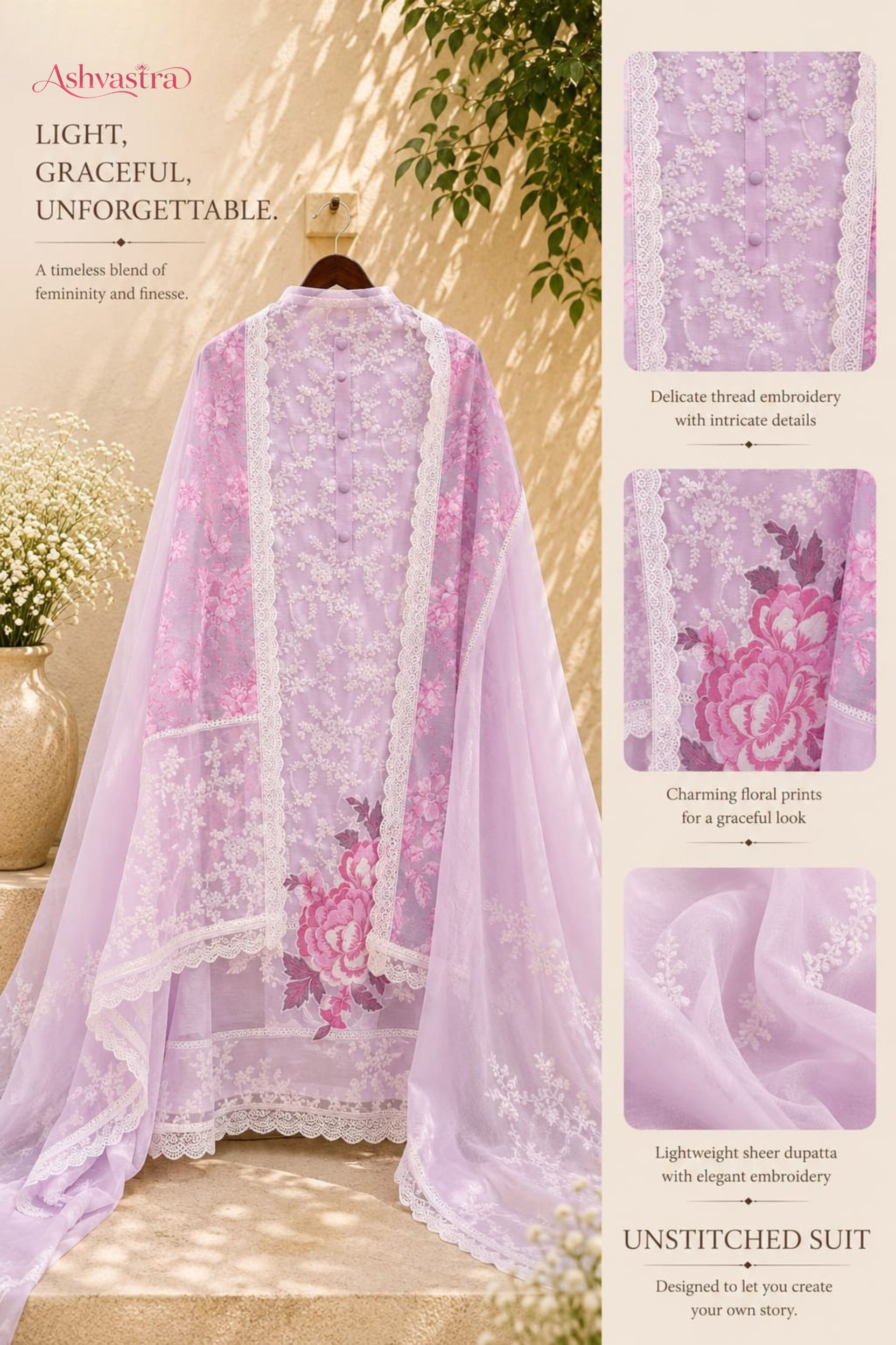 Gulnaar Pastel Pink Floral Lacework Unstitched Suit Set