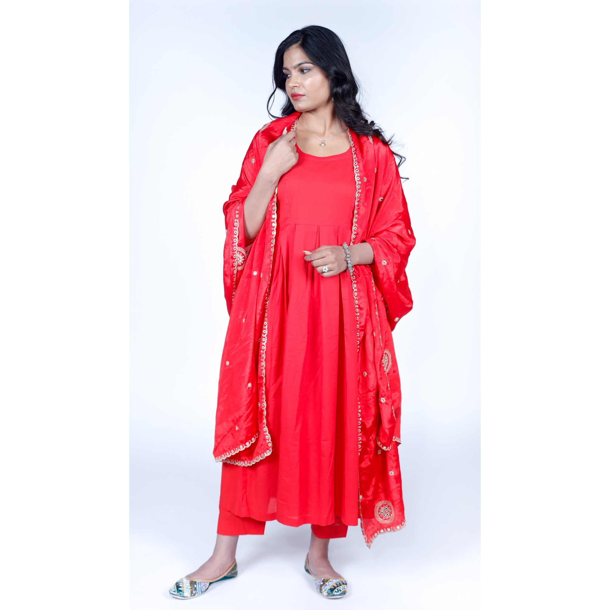 Crimson Red Flared Kurta Set with Embroidered Scallop Border Dupatta
