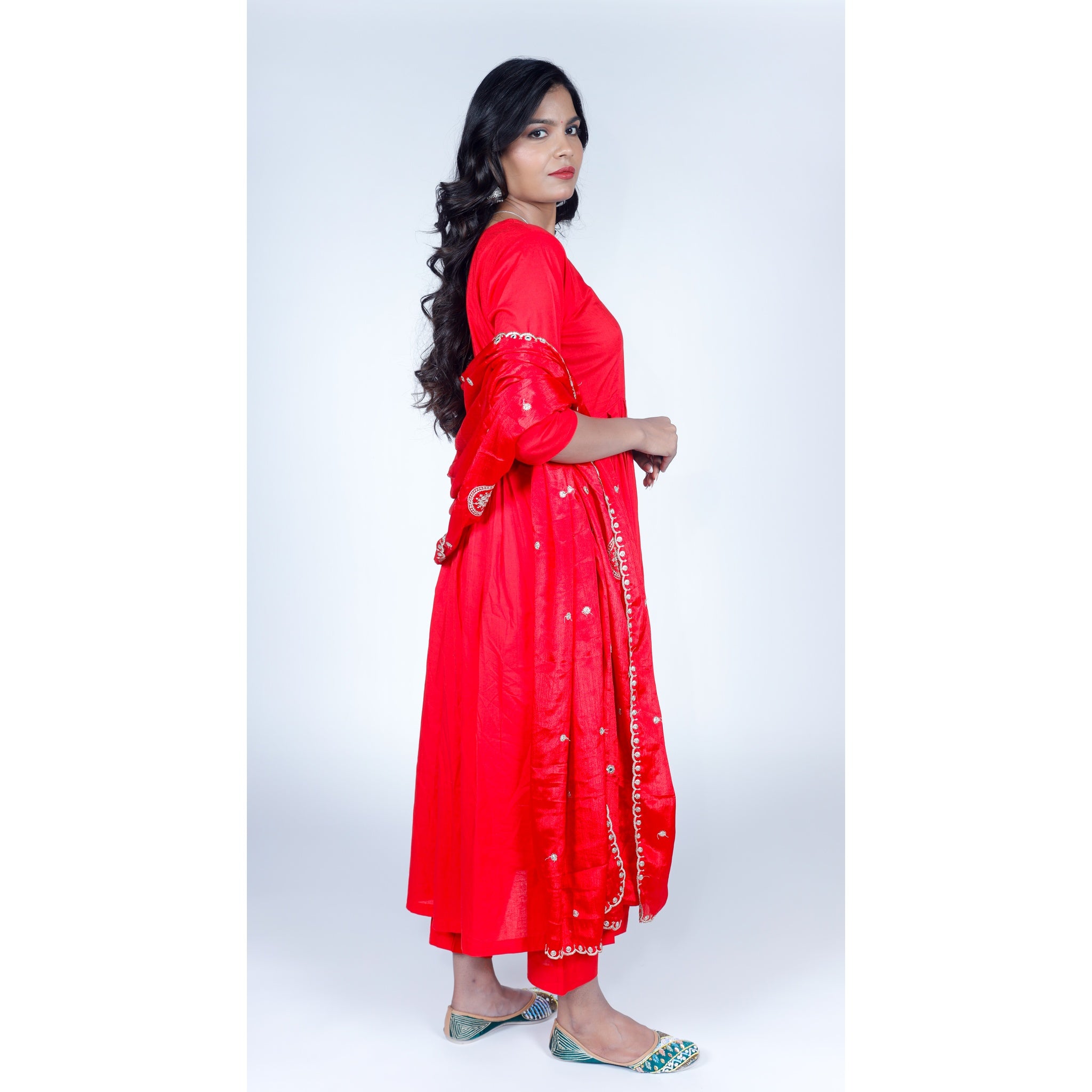 Crimson Red Flared Kurta Set with Embroidered Scallop Border Dupatta