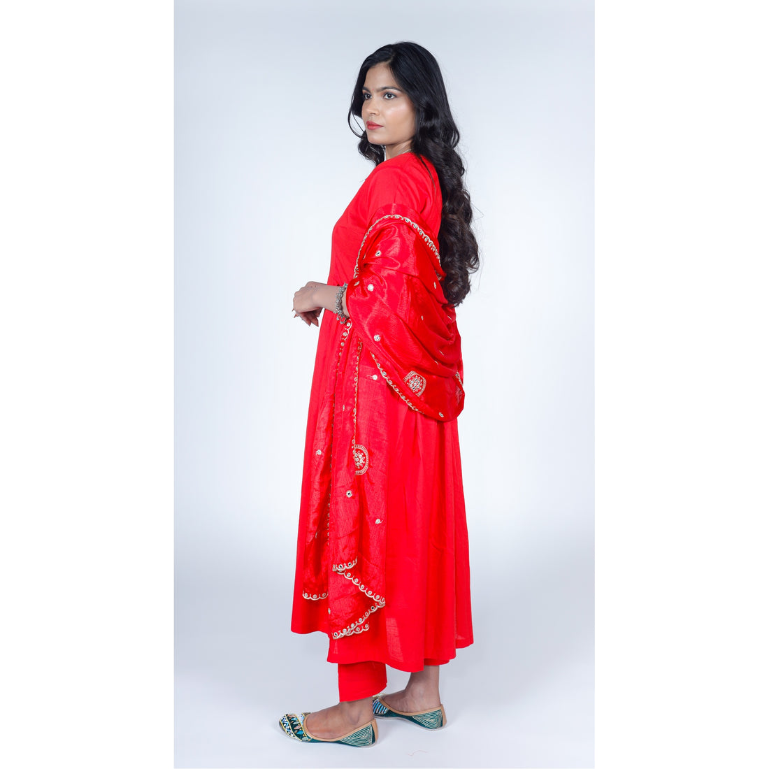 Crimson Red Flared Kurta Set with Embroidered Scallop Border Dupatta