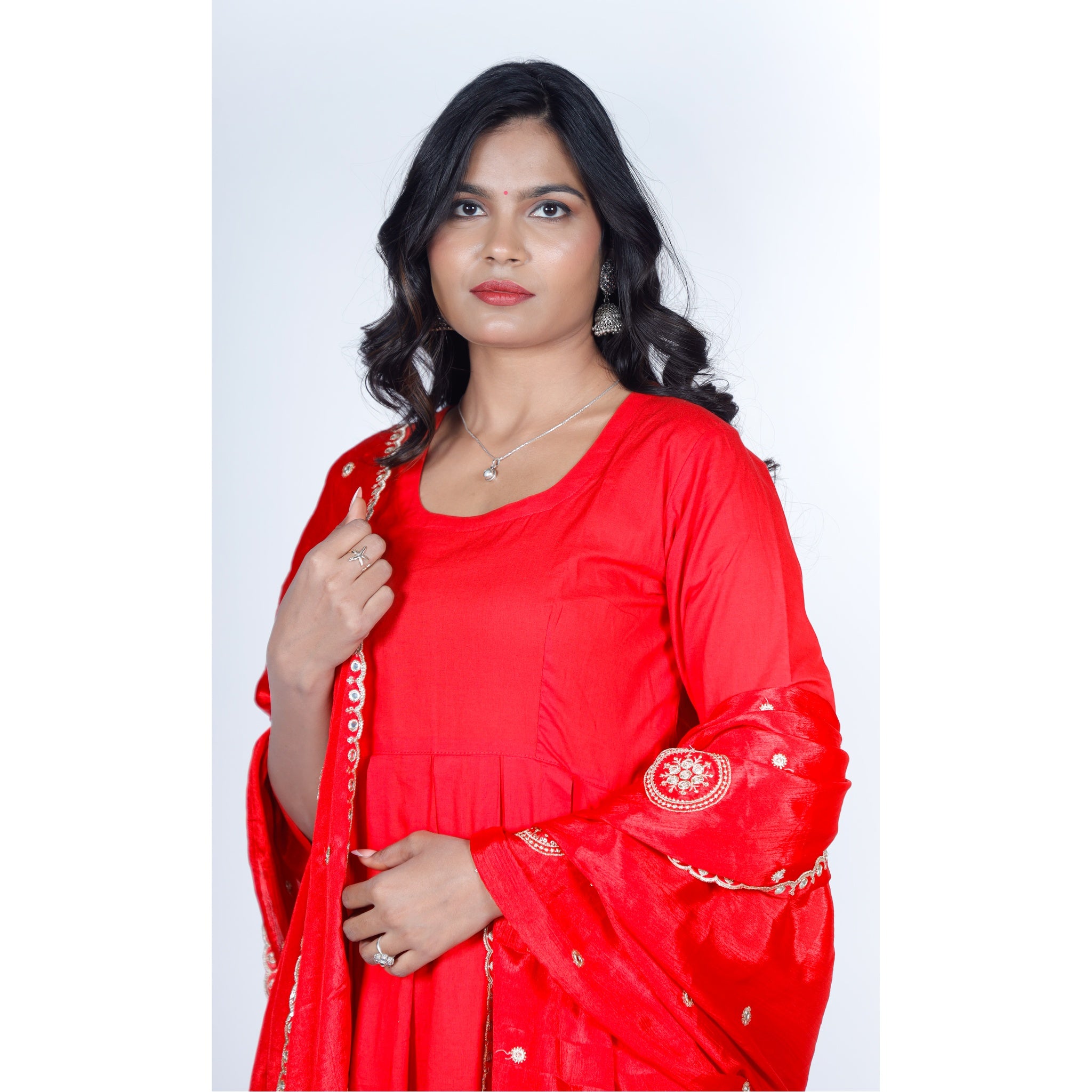 Crimson Red Flared Kurta Set with Embroidered Scallop Border Dupatta