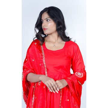 Crimson Red Flared Kurta Set with Embroidered Scallop Border Dupatta