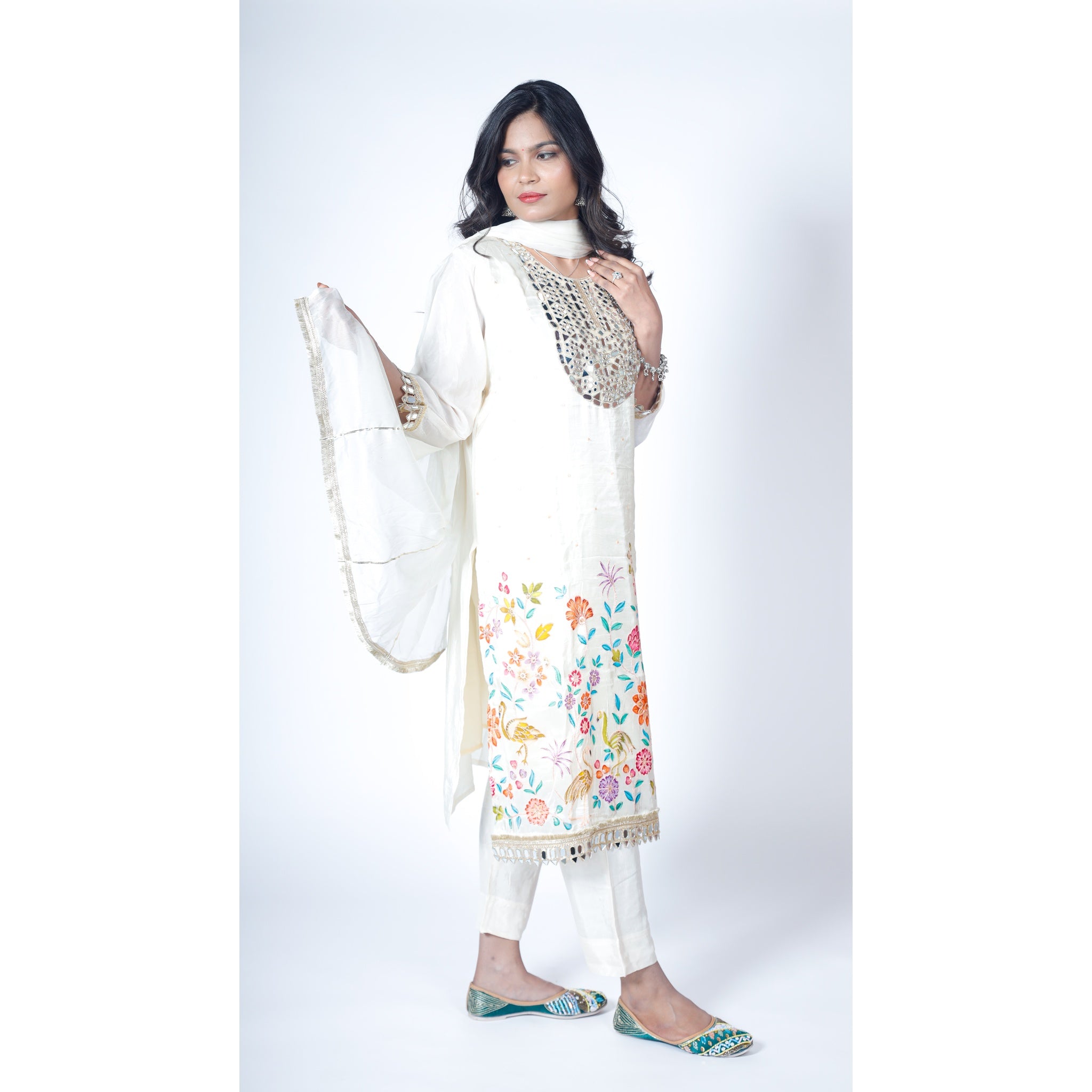 Ivory Chanderi Suit with Heavy Mirror-Work & Kashmiri-Inspired Floral Border