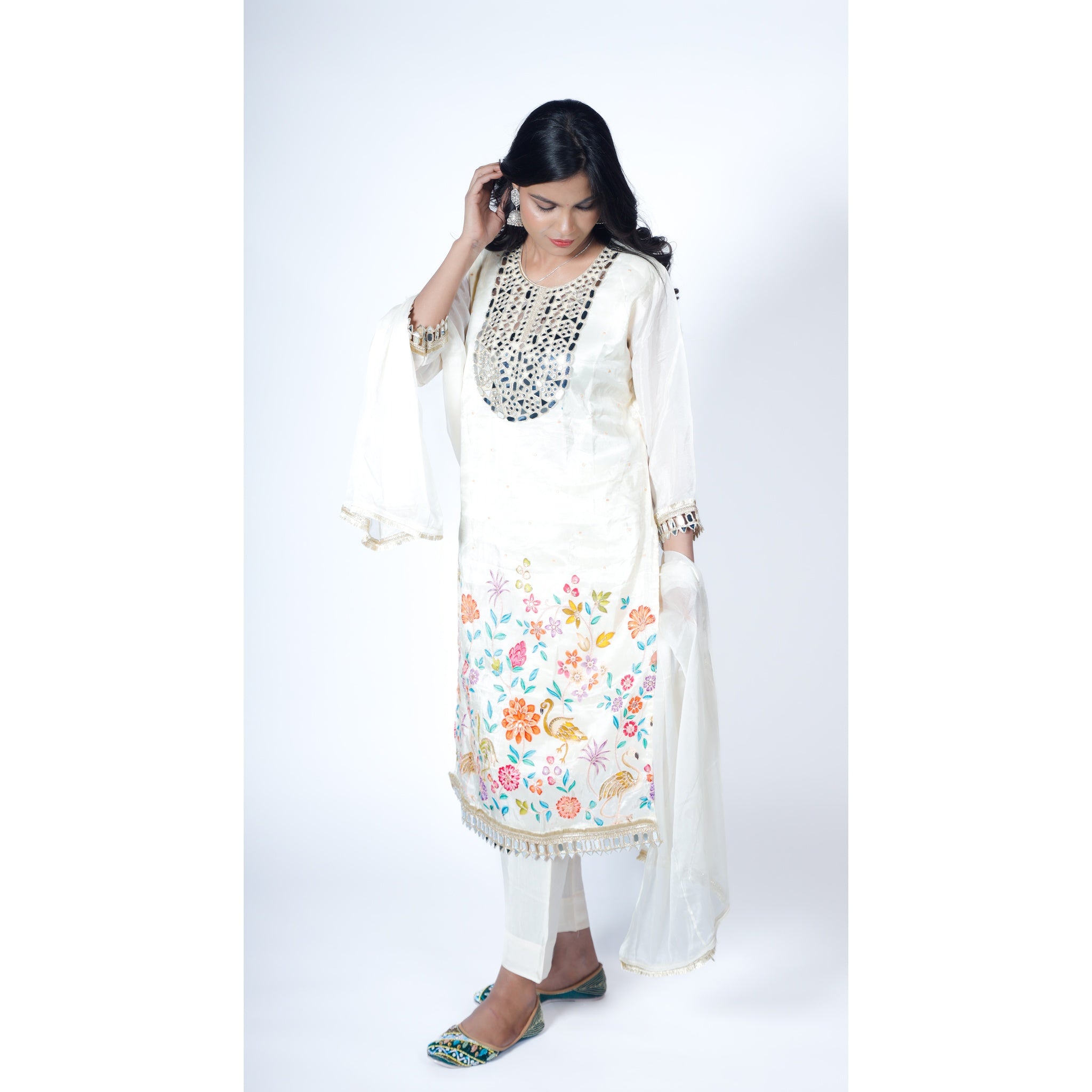 Ivory Chanderi Suit with Heavy Mirror-Work & Kashmiri-Inspired Floral Border