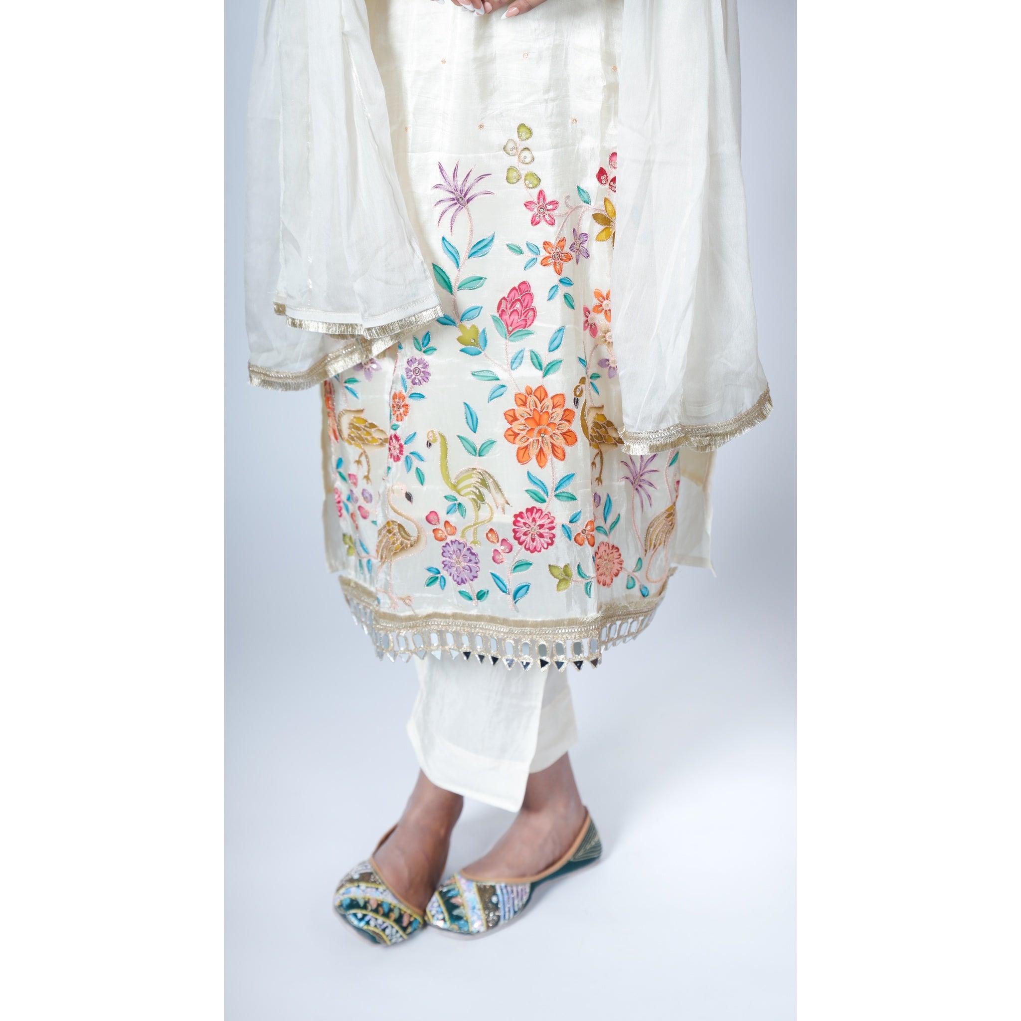 Ivory Chanderi Suit with Heavy Mirror-Work & Kashmiri-Inspired Floral Border
