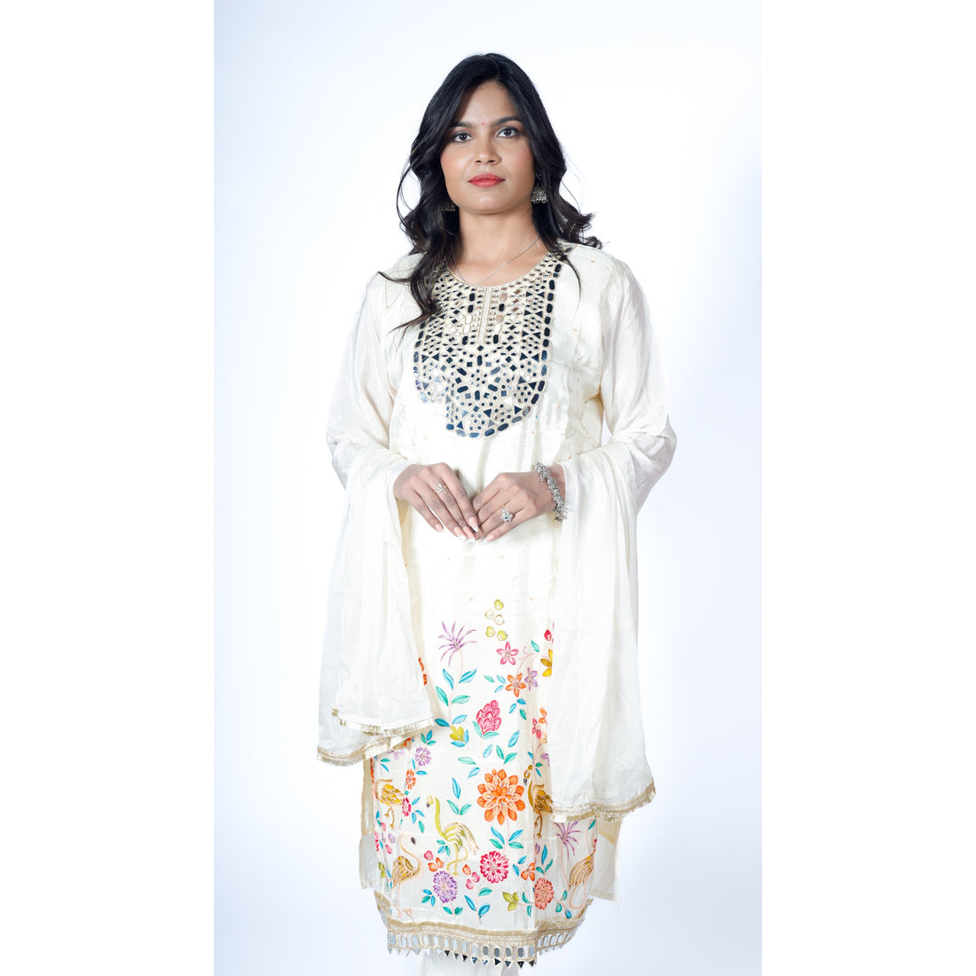 Ivory Chanderi Suit with Heavy Mirror-Work & Kashmiri-Inspired Floral Border