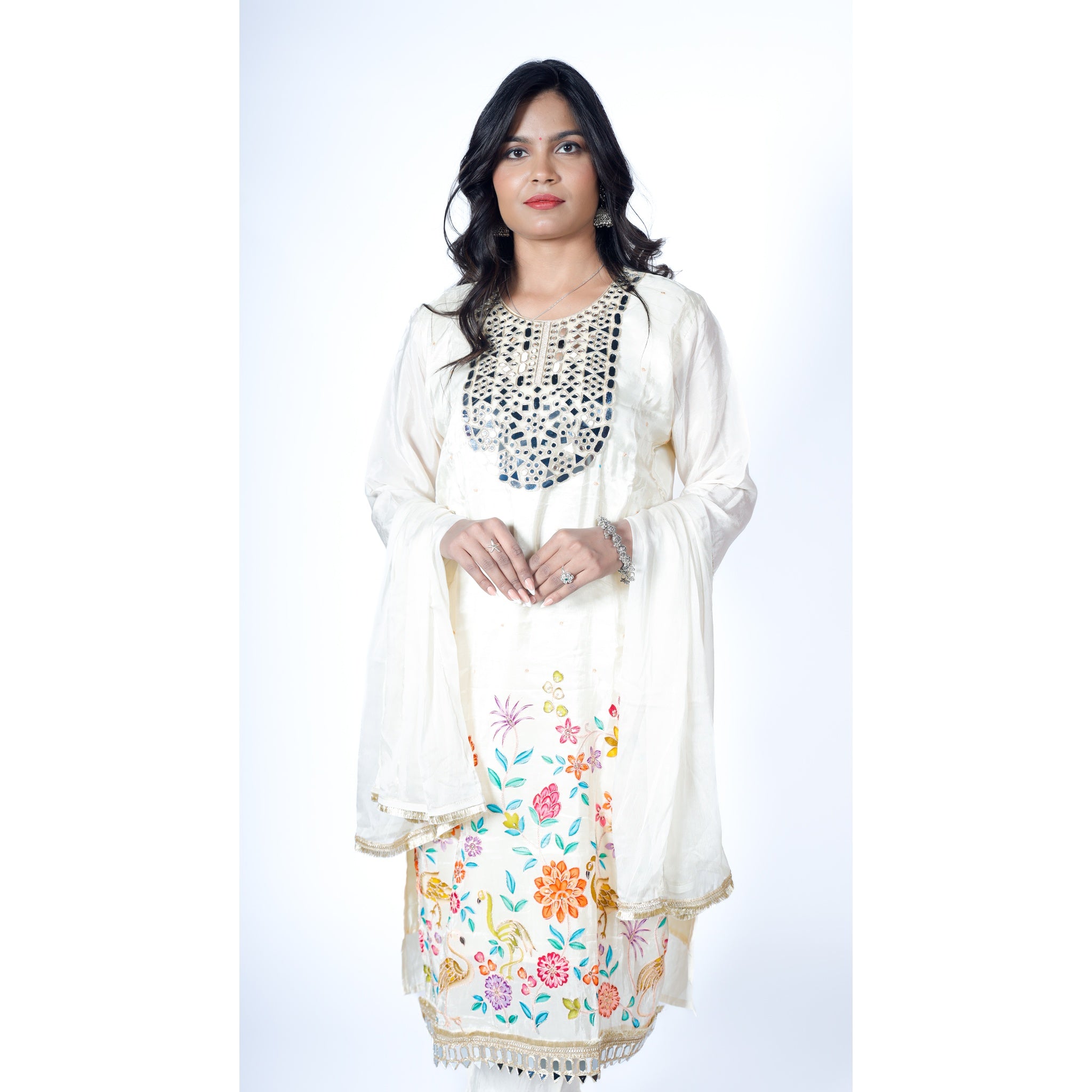 Ivory Chanderi Suit with Heavy Mirror-Work & Kashmiri-Inspired Floral Border
