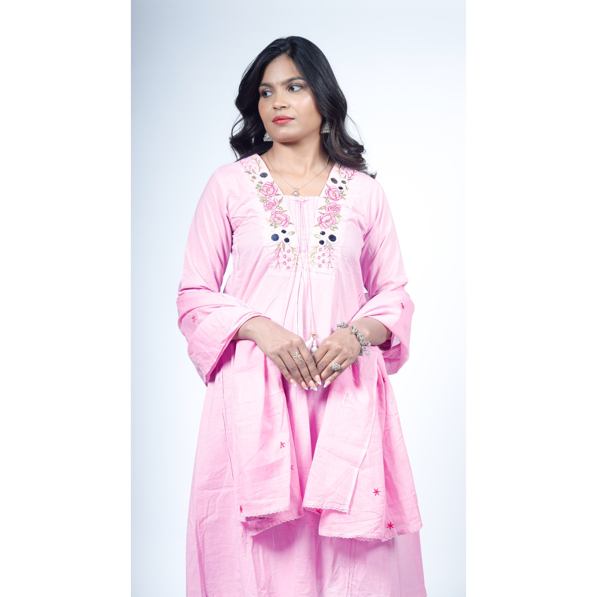 Peach Silk Kurta Set with Zari Embroidered Yoke & Striped Dupatta