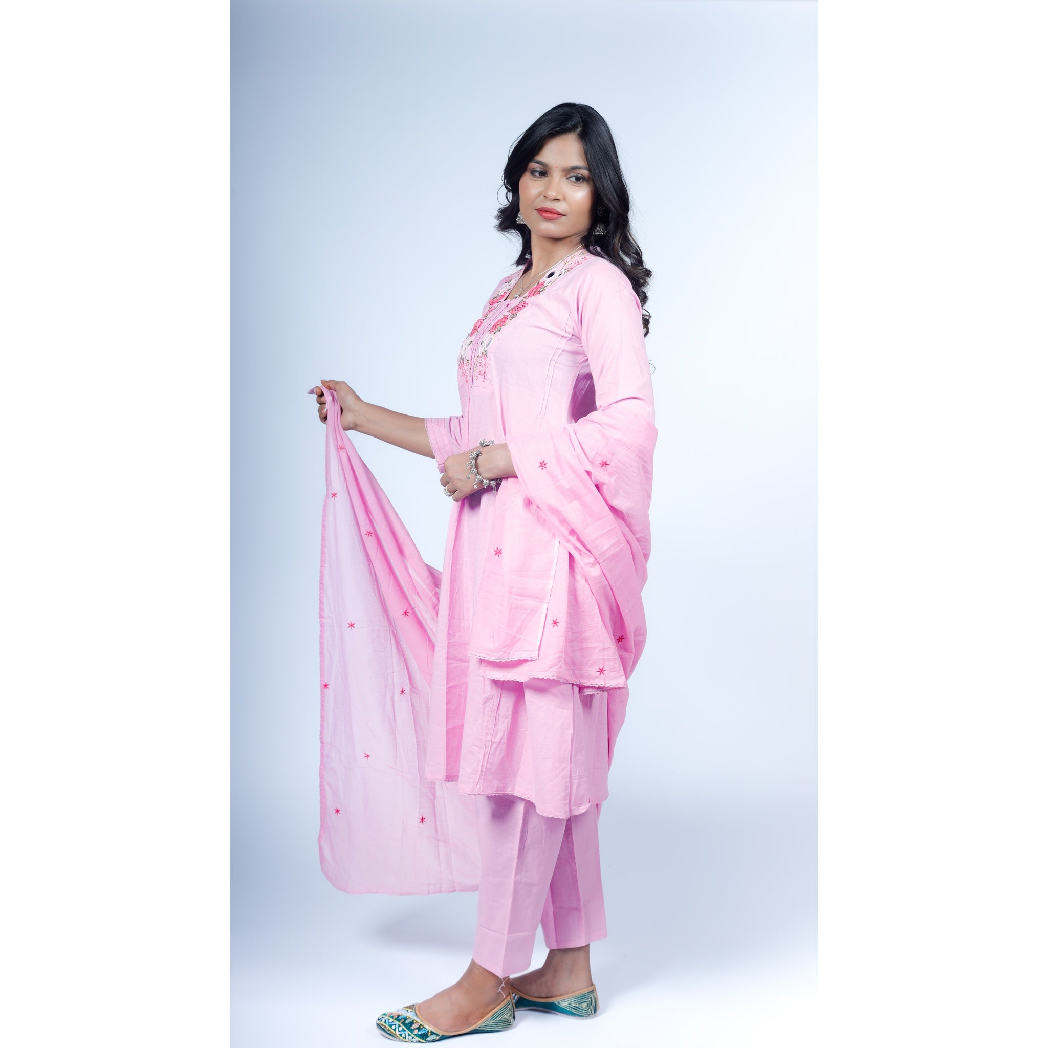 Peach Silk Kurta Set with Zari Embroidered Yoke & Striped Dupatta