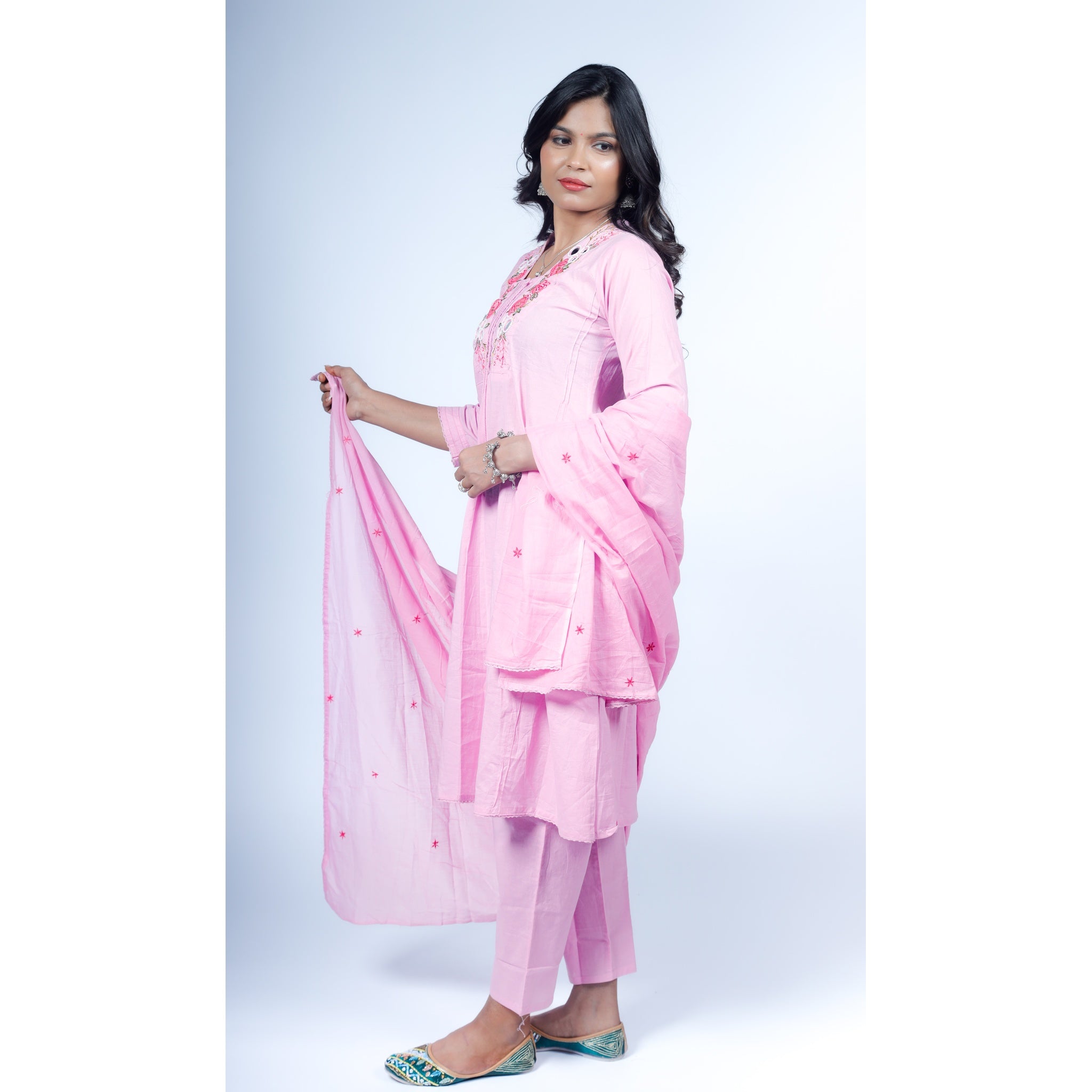 Peach Silk Kurta Set with Zari Embroidered Yoke & Striped Dupatta