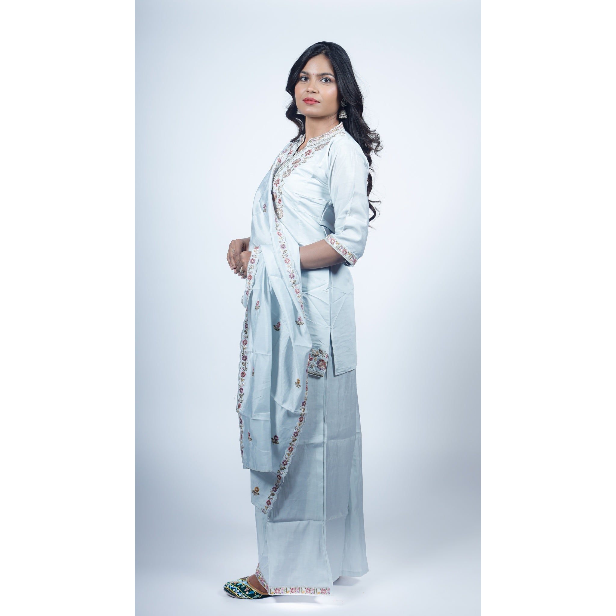 Silver Grey Silk Sharara Set with Floral Zardosi Embroidery