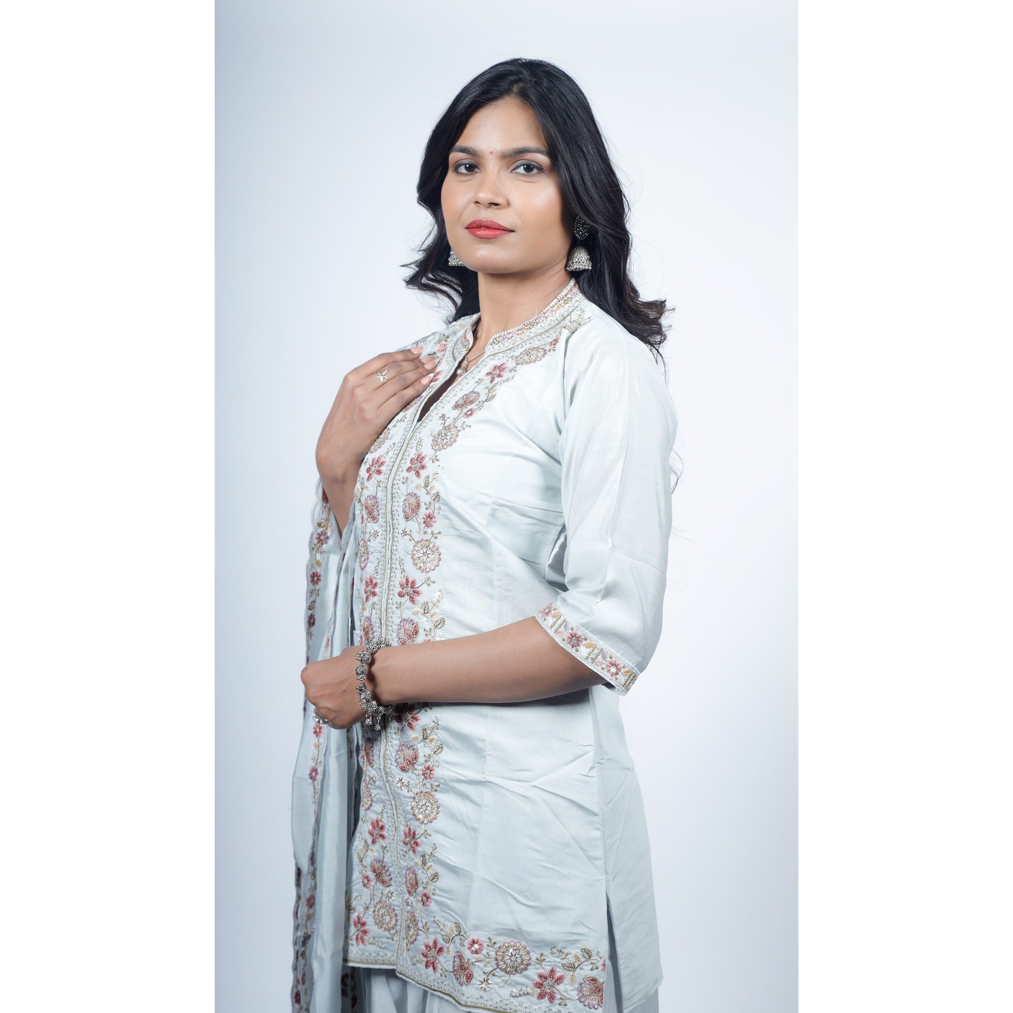 Silver Grey Silk Sharara Set with Floral Zardosi Embroidery