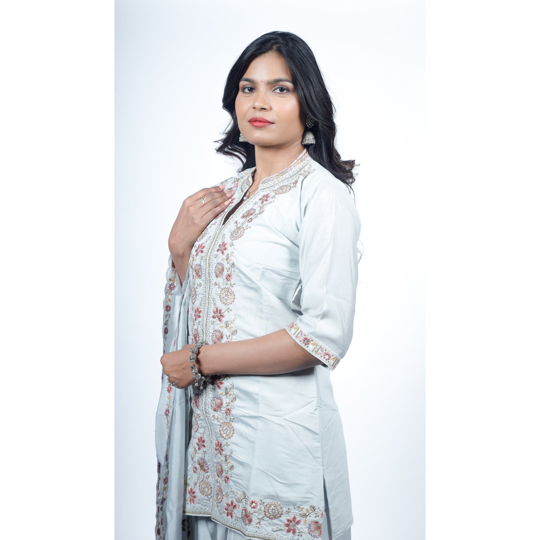 Silver Grey Silk Sharara Set with Floral Zardosi Embroidery