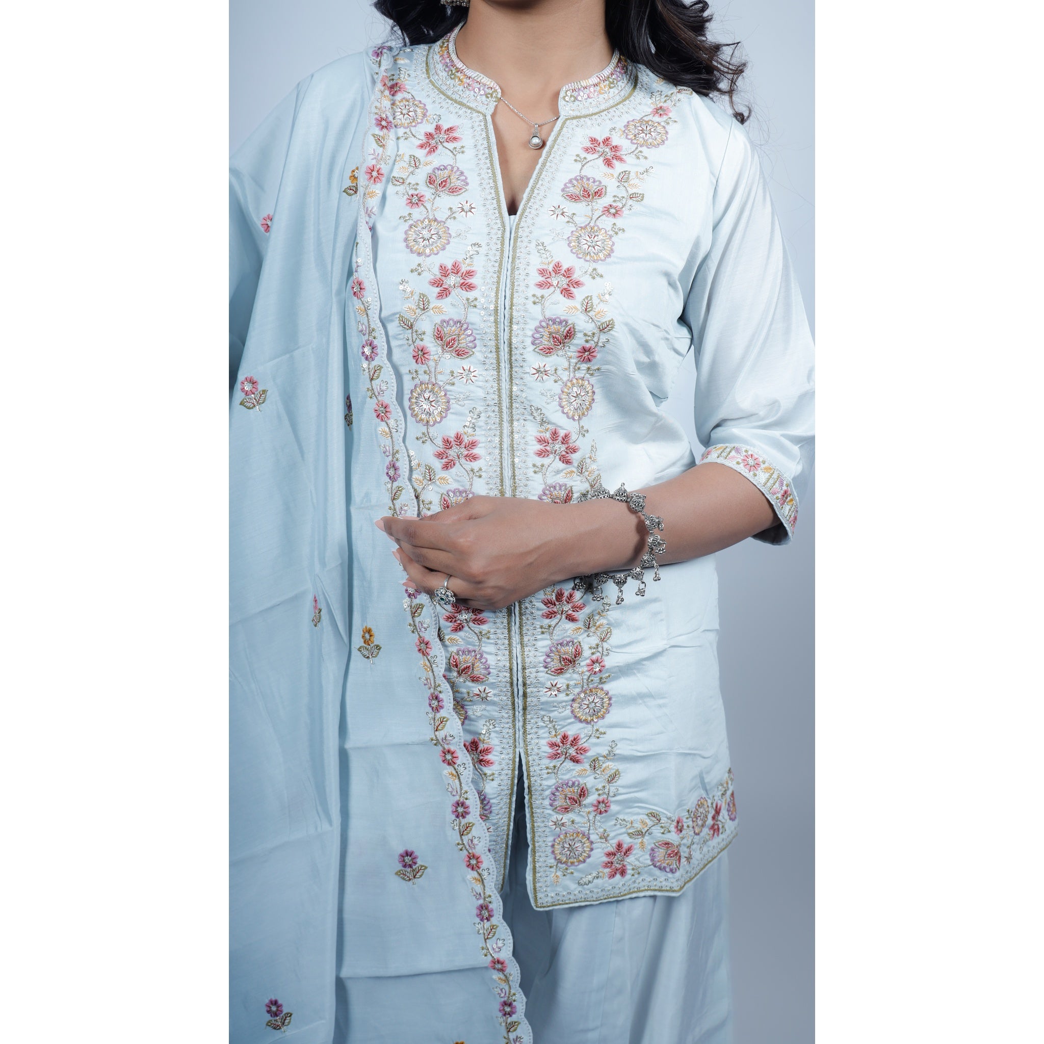 Silver Grey Silk Sharara Set with Floral Zardosi Embroidery