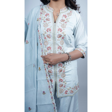 Silver Grey Silk Sharara Set with Floral Zardosi Embroidery