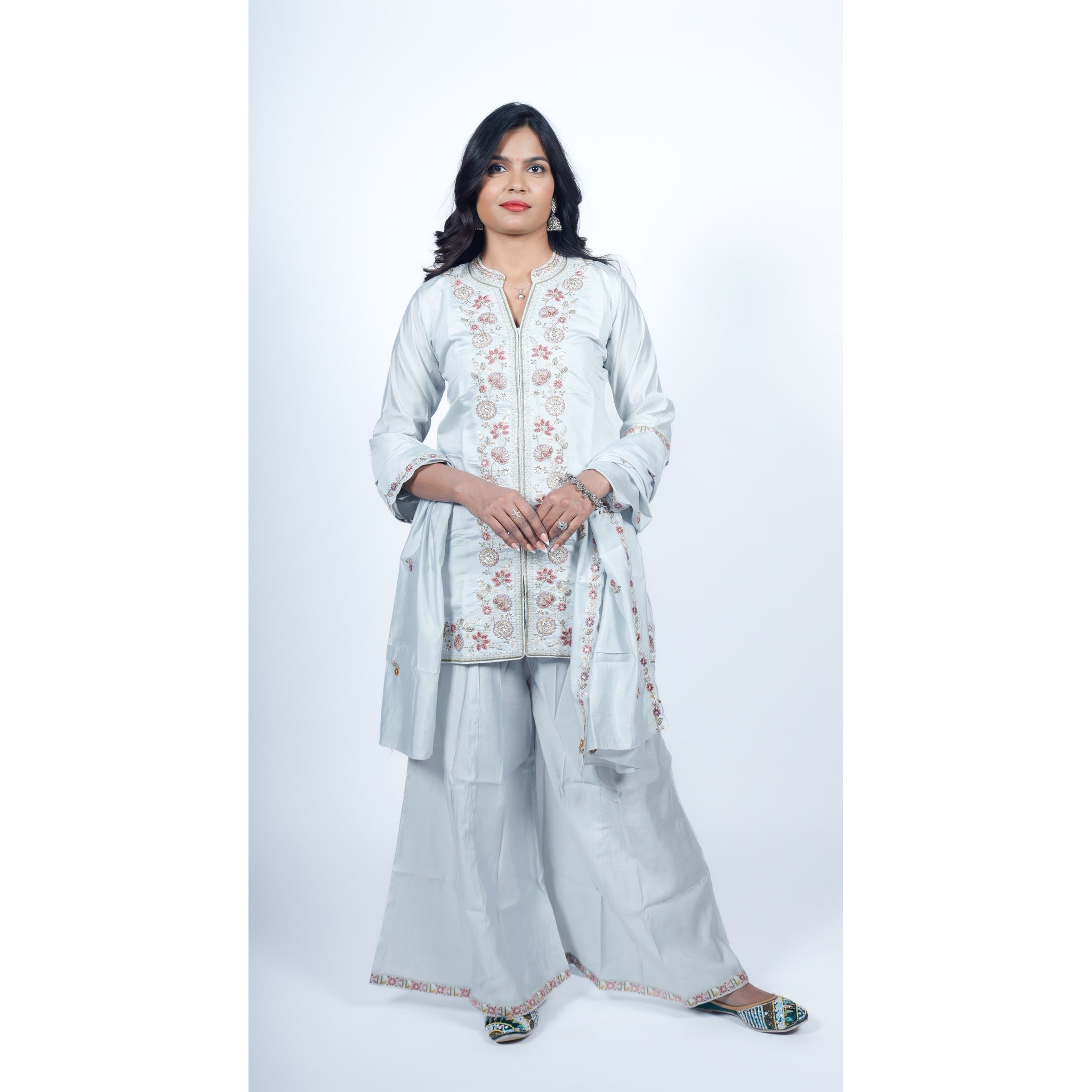 Silver Grey Silk Sharara Set with Floral Zardosi Embroidery